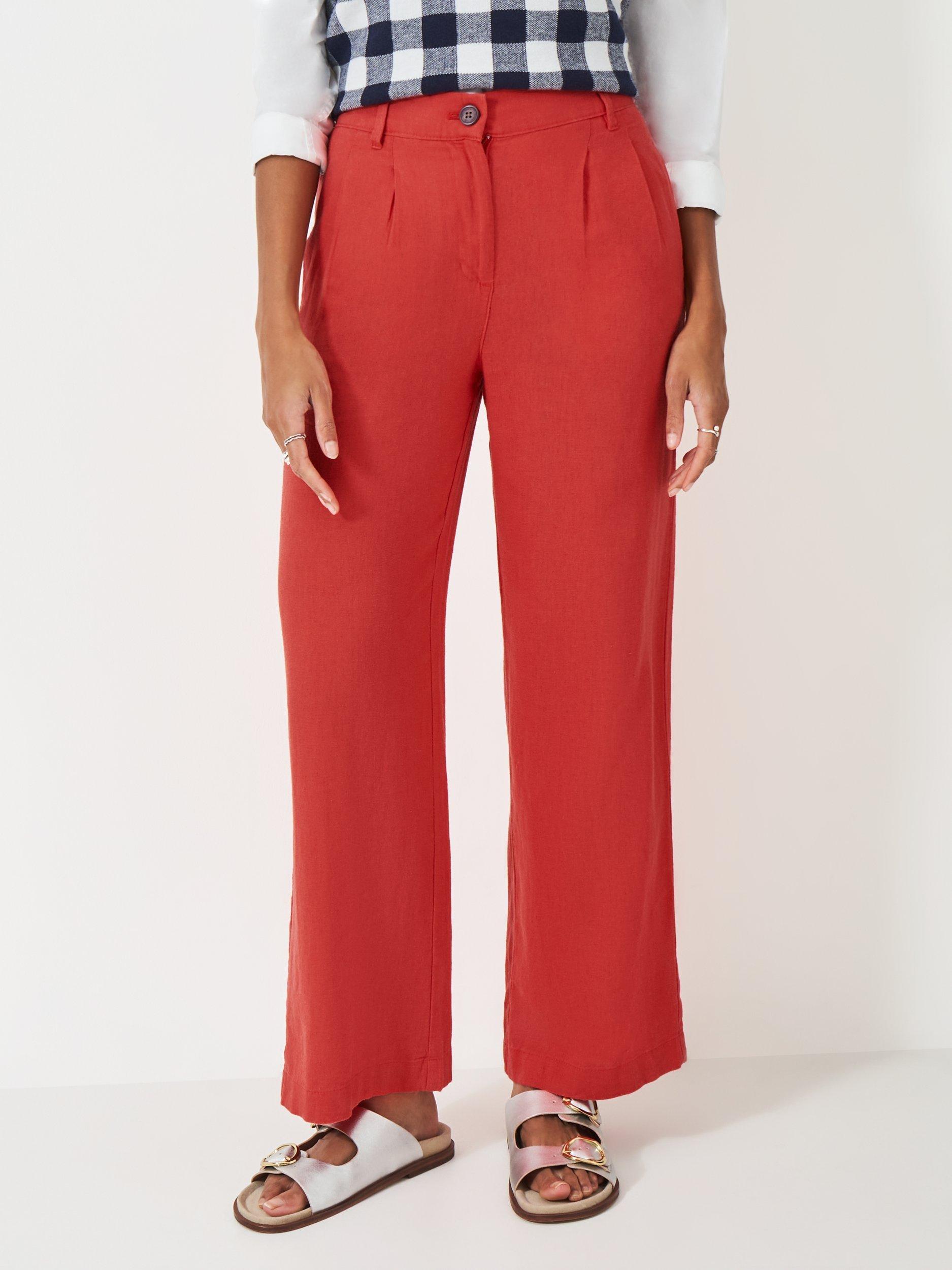 Product image 1 of 5, which shows Crew Clothing Linen Rich Wide Leg Trousers, Red Wine, 8