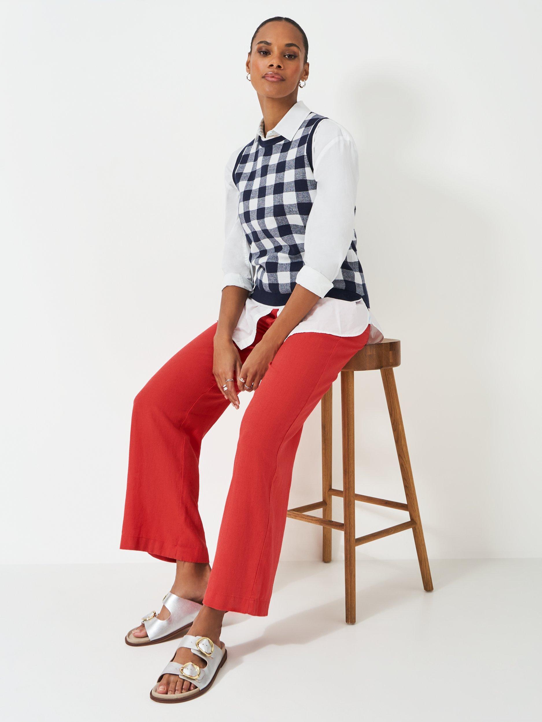 Product image 2 of 5, which shows Crew Clothing Linen Rich Wide Leg Trousers, Red Wine, 8