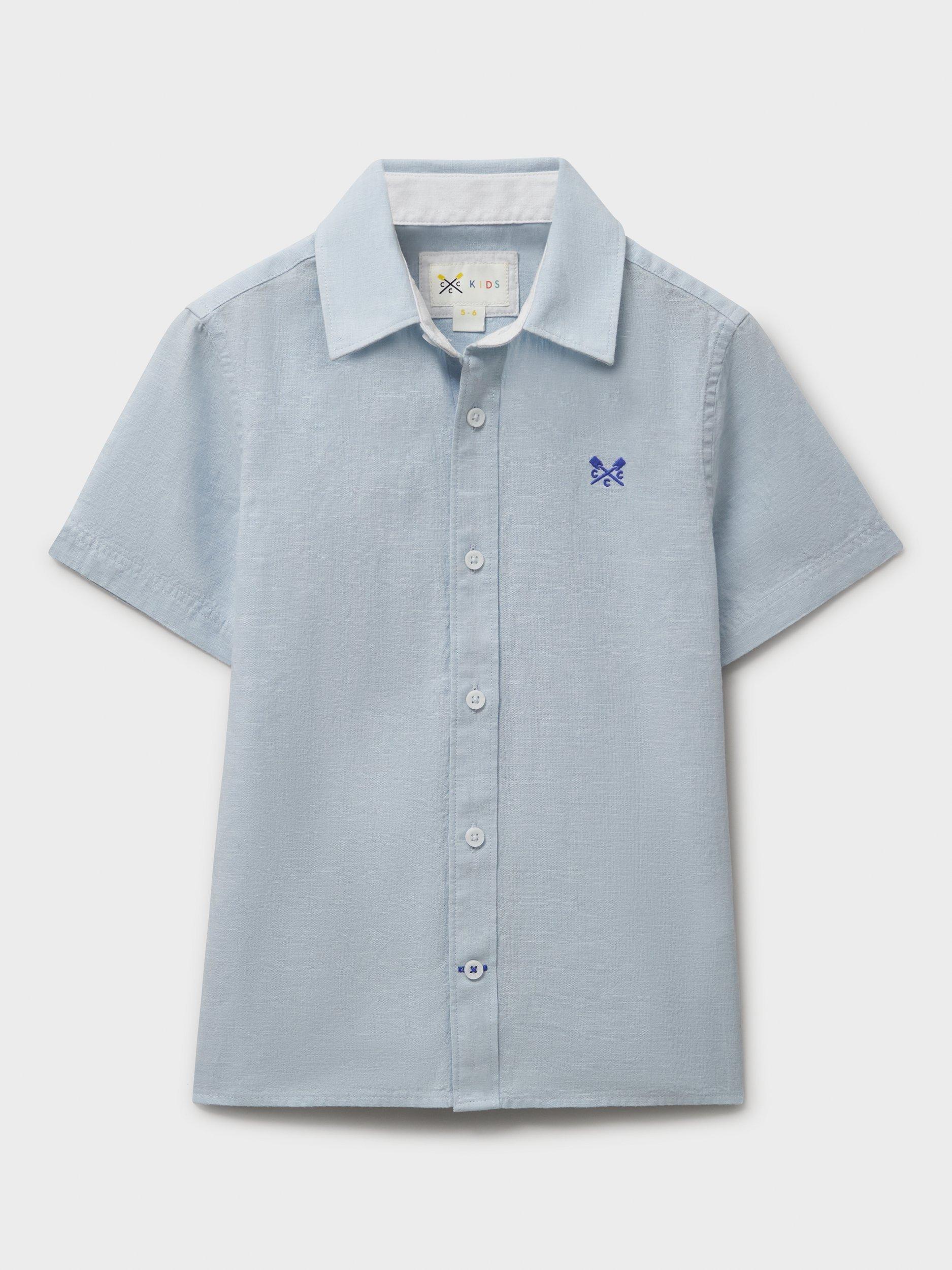 Product image 1 of 3, which shows Crew Clothing Kids' Linen Cotton Short Sleeve Shirt, Light Blue, 8-9 years
