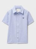 Crew Clothing Kids' Stripe Linen Cotton Short Sleeve Shirt, Light Blue/White