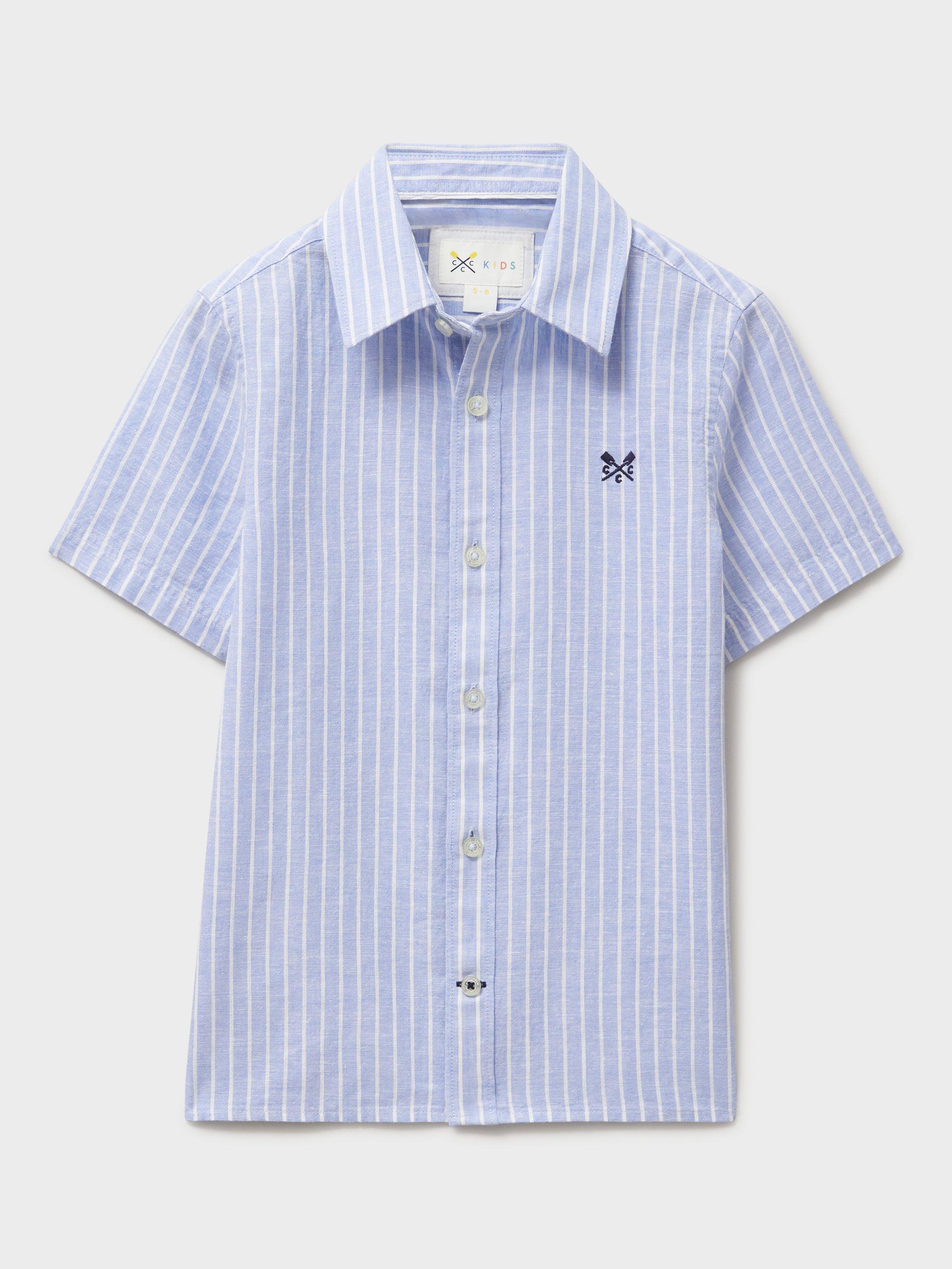Product image 2 of 3, which shows Crew Clothing Kids' Stripe Linen Cotton Short Sleeve Shirt, Light Blue/White, 8-9 years