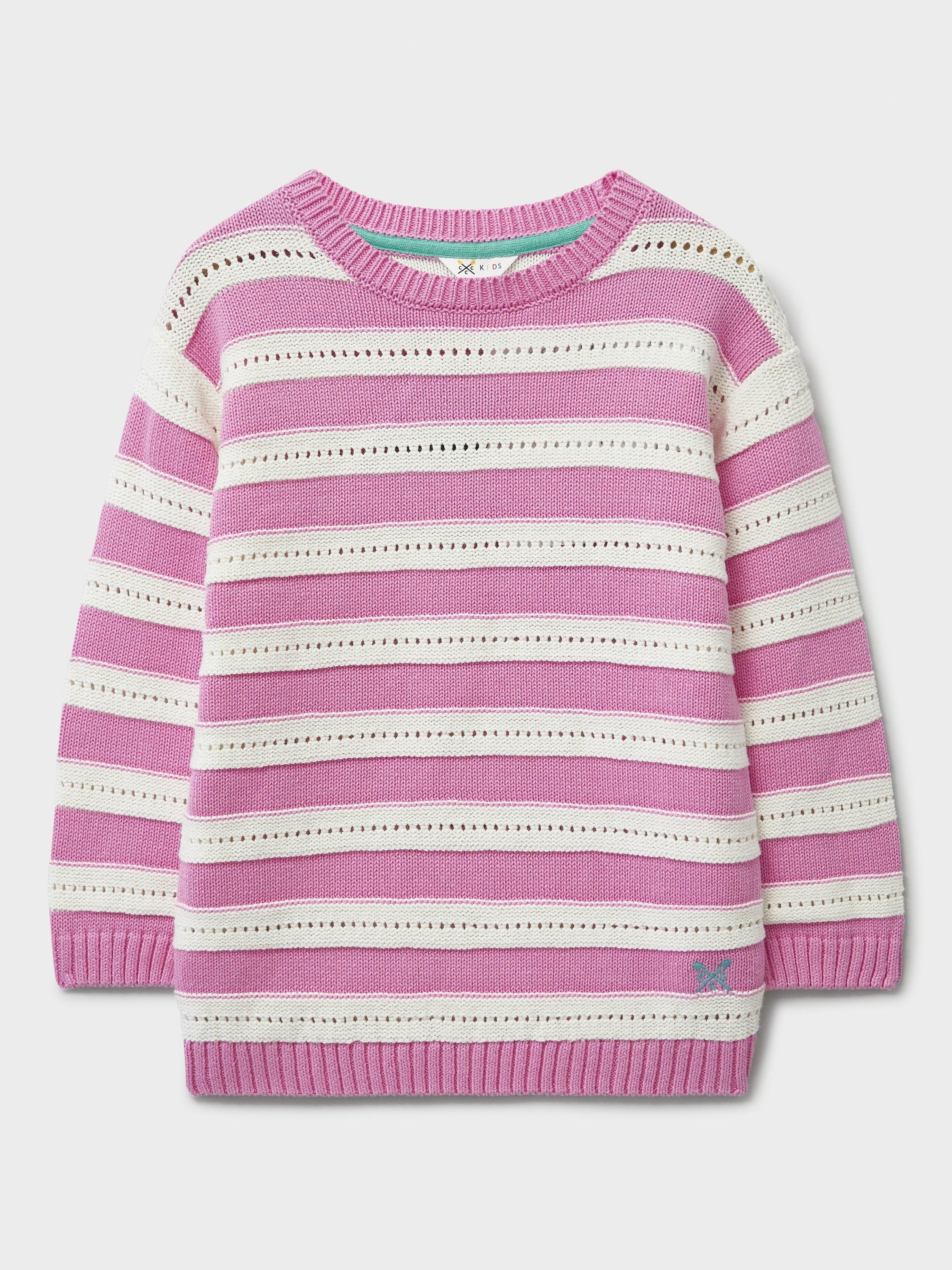 Product image 2 of 3, which shows Crew Clothing Kids' Stripe Jumper, White/Pink, 8-9 years
