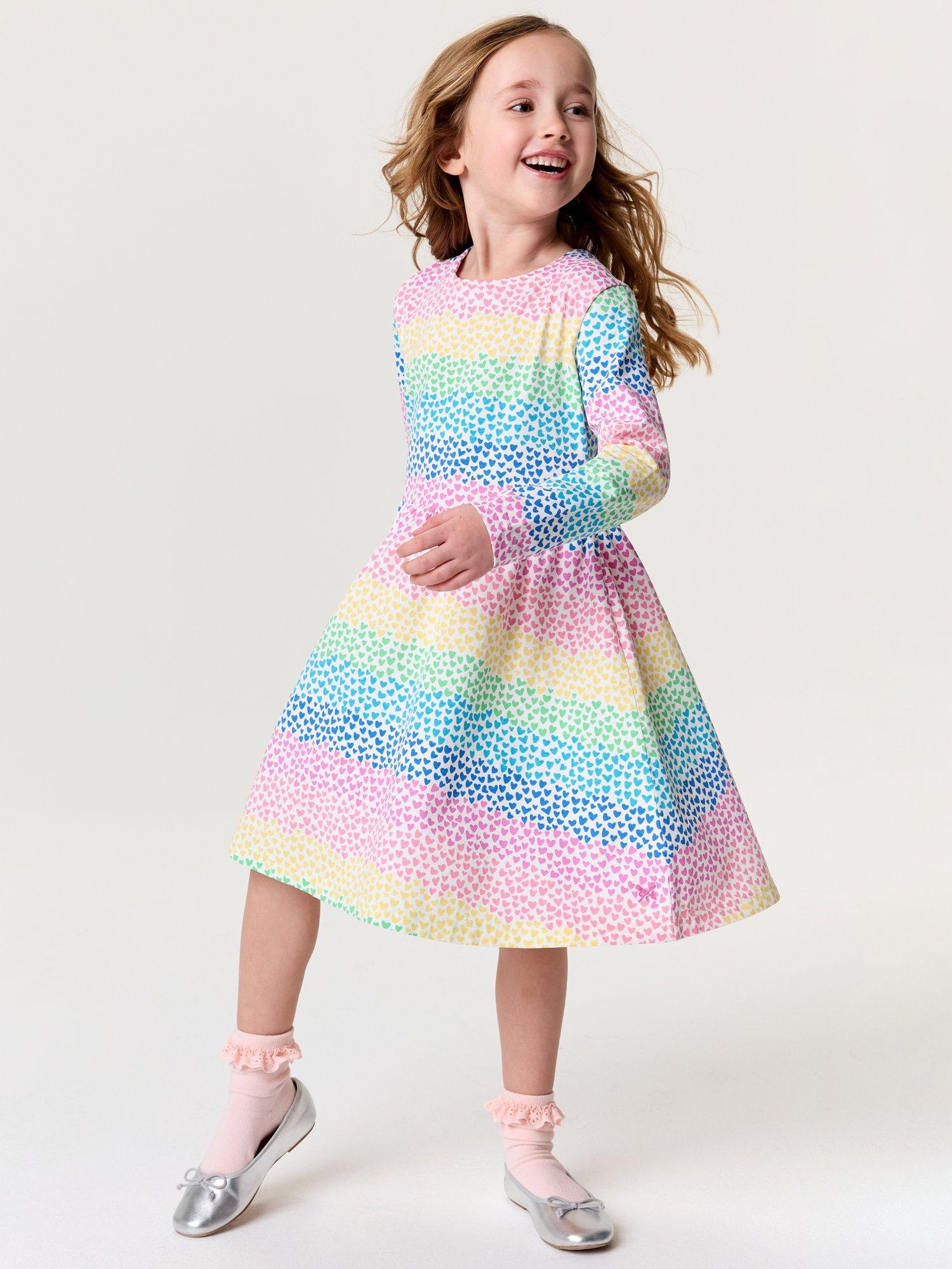 Product image 1 of 3, which shows Crew Clothing Kids' Mini Rainbow Hearts Jersey Dress, Multi, 8-9 years