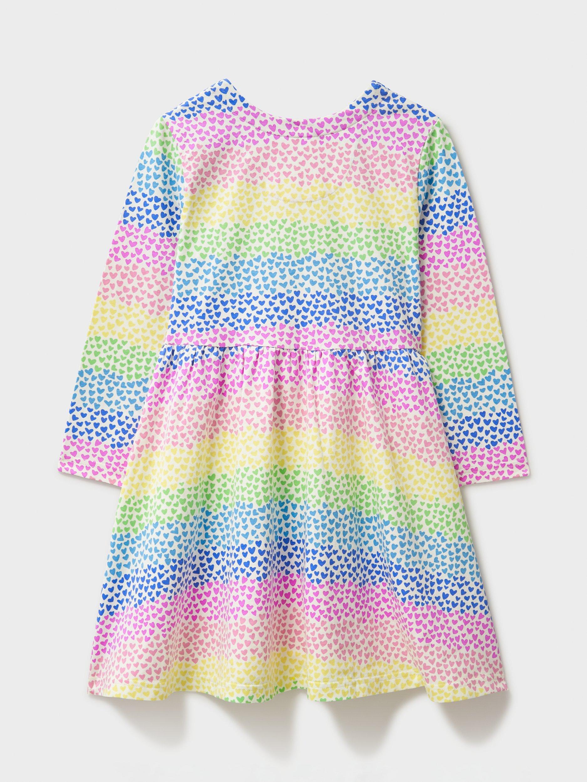 Product image 3 of 3, which shows Crew Clothing Kids' Mini Rainbow Hearts Jersey Dress, Multi, 8-9 years