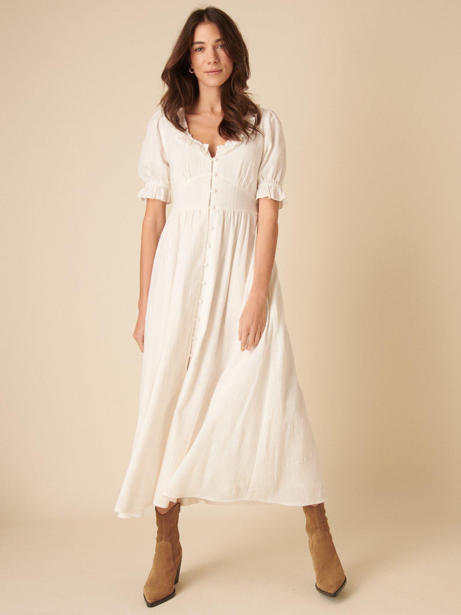 Product image 1 of 4, which shows Nobody's Child Petite Flossie Short Sleeve Organic Cotton Midaxi Dress, White, 6