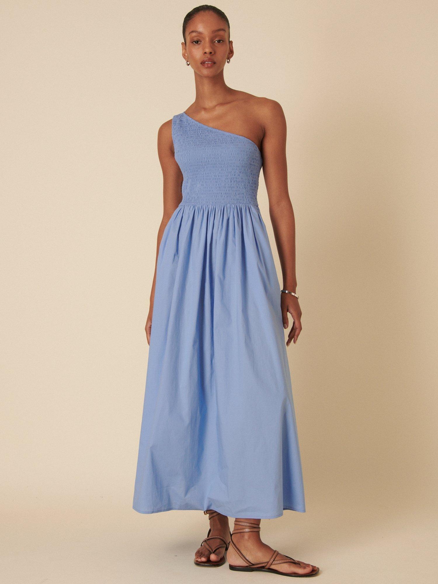 Product image 1 of 4, which shows Nobody's Child Petite Georgia One Shoulder Organic Cotton Midaxi Dress, Blue, 14