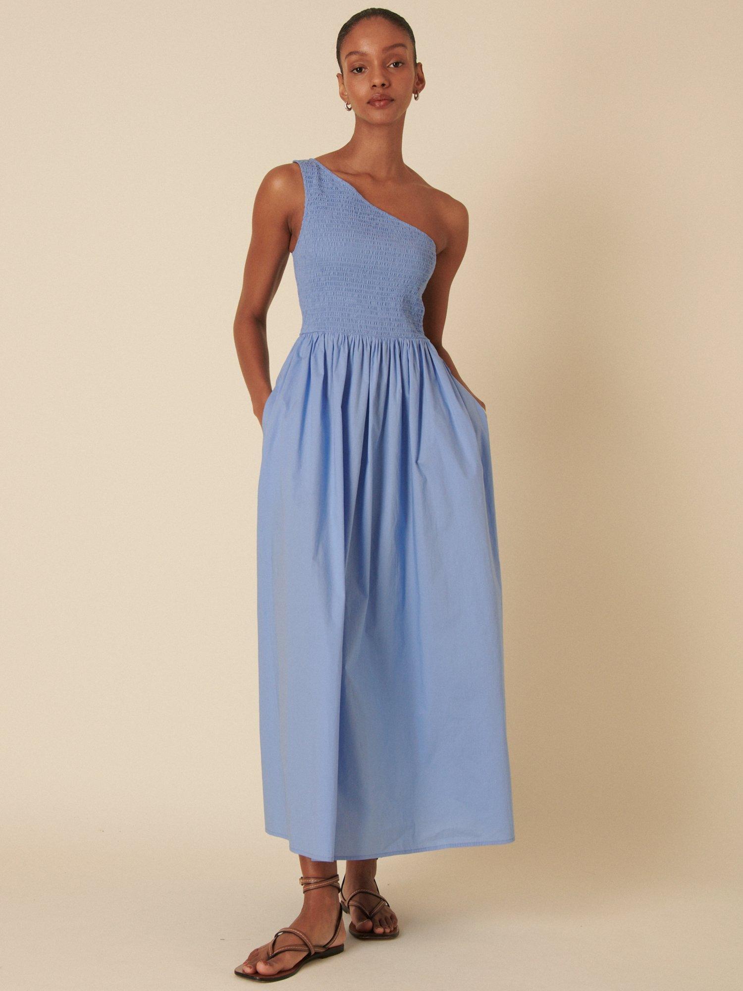 Product image 2 of 4, which shows Nobody's Child Petite Georgia One Shoulder Organic Cotton Midaxi Dress, Blue, 14