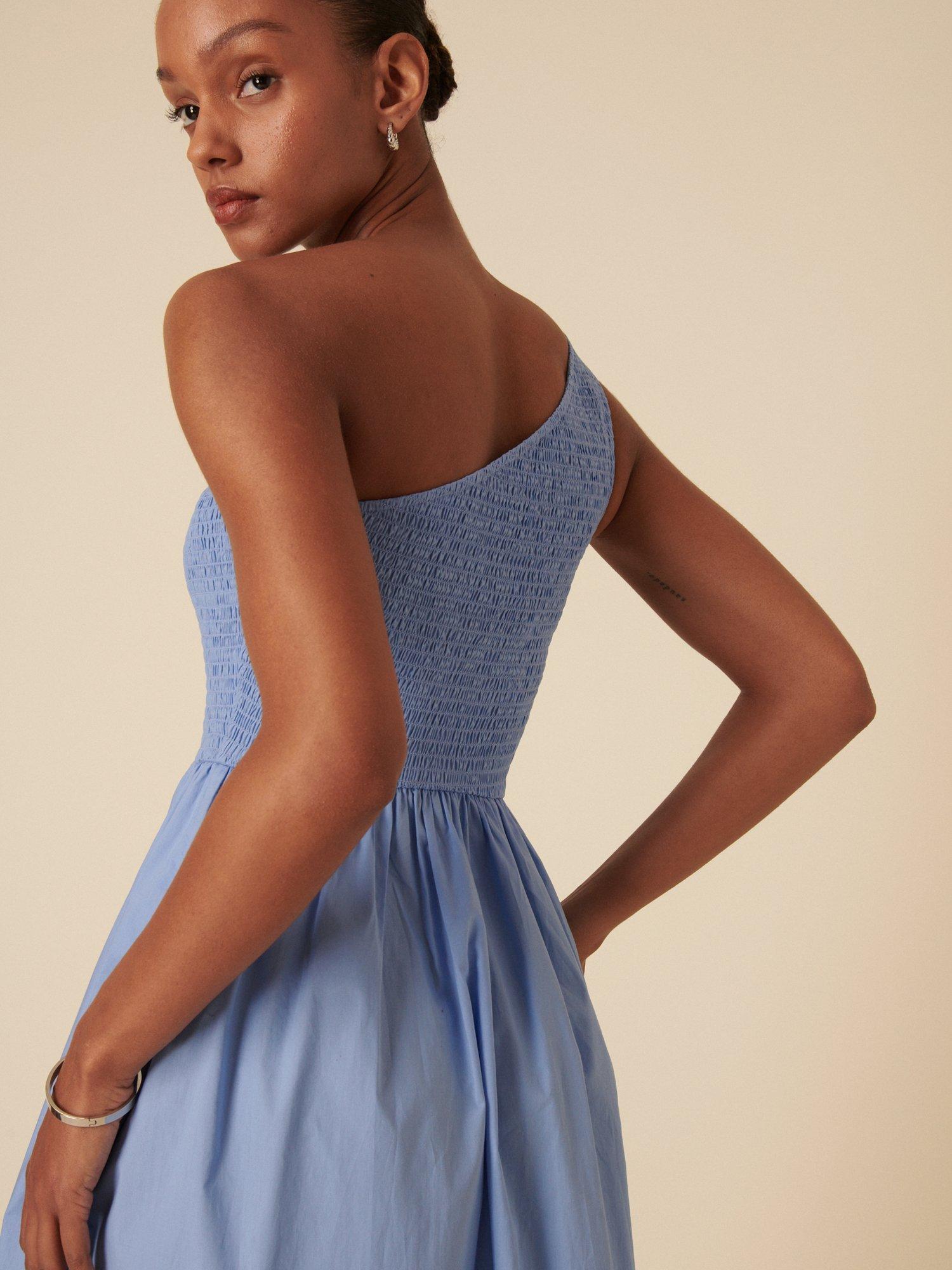 Product image 3 of 4, which shows Nobody's Child Petite Georgia One Shoulder Organic Cotton Midaxi Dress, Blue, 14