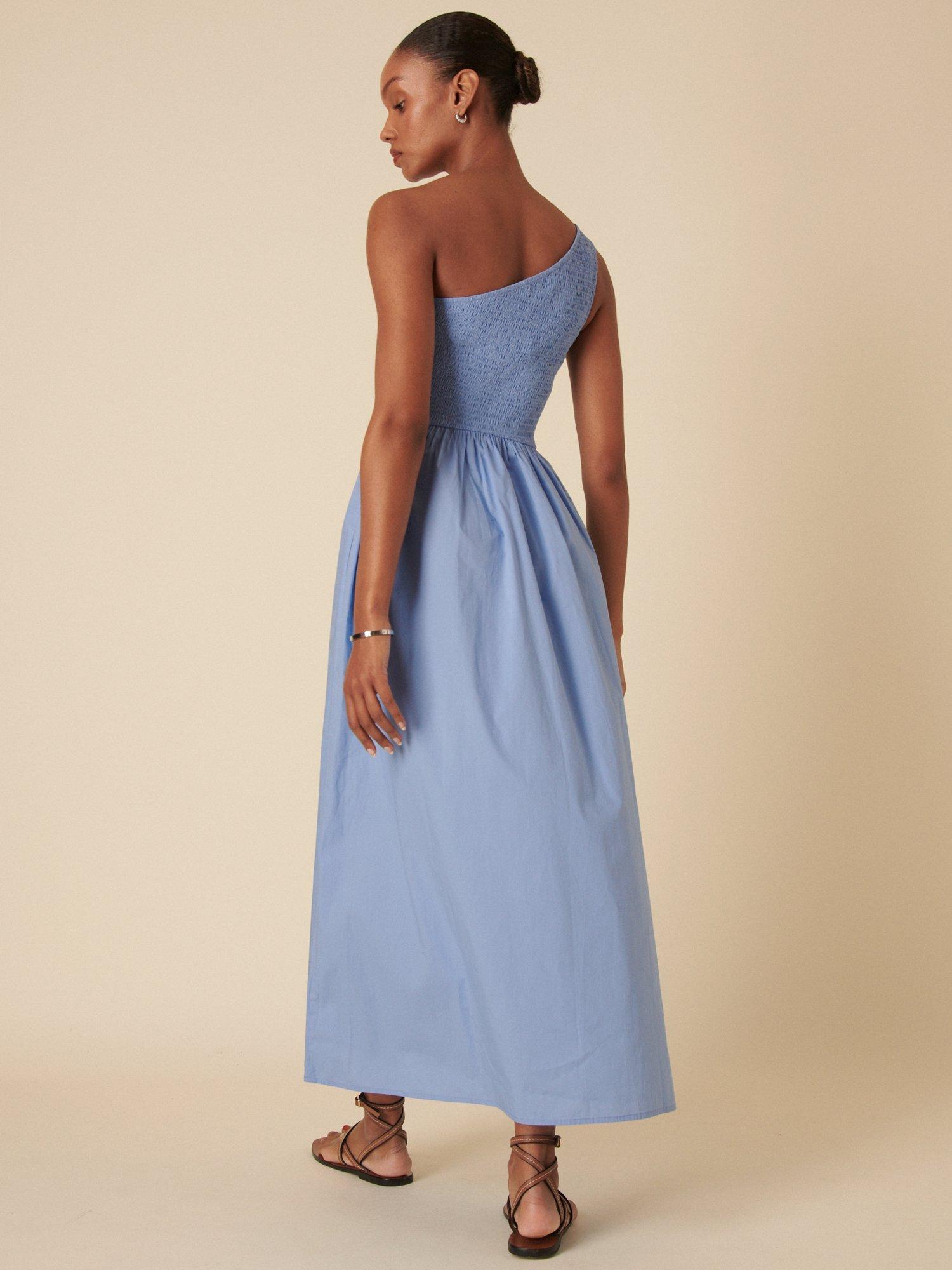Product image 4 of 4, which shows Nobody's Child Petite Georgia One Shoulder Organic Cotton Midaxi Dress, Blue, 14