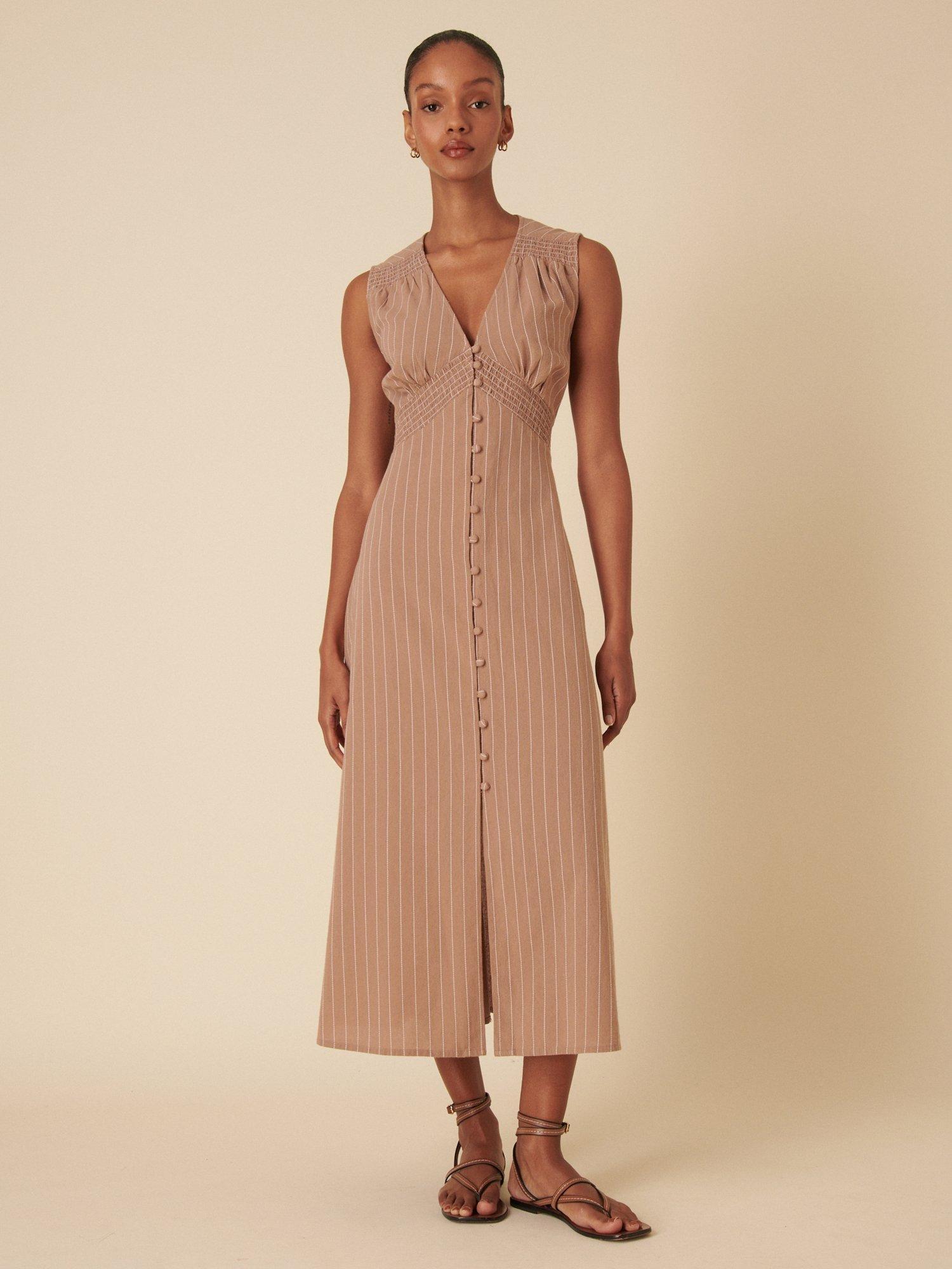 Product image 1 of 4, which shows Nobody's Child Lucinda Stripe Pure Organic Cotton Midi Dress, Stone, 18