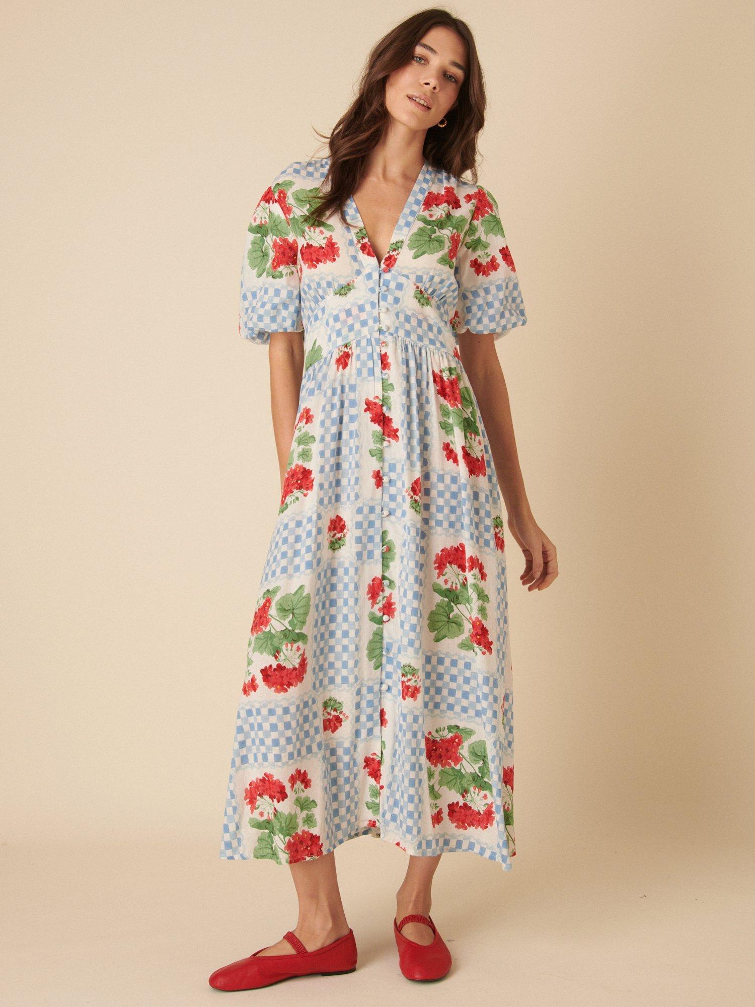 Product image 1 of 4, which shows Nobody's Child Starlight Gingham Floral Midaxi Dress, Blue, 6