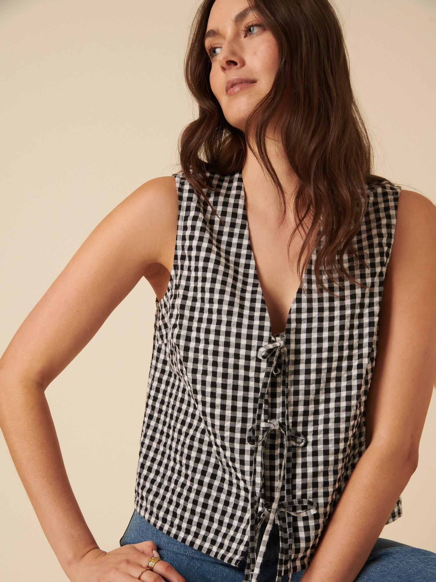 Product image 2 of 4, which shows Nobody's Child Tessa Gingham Pure Organic Cotton Tie Front Top, Black, 14