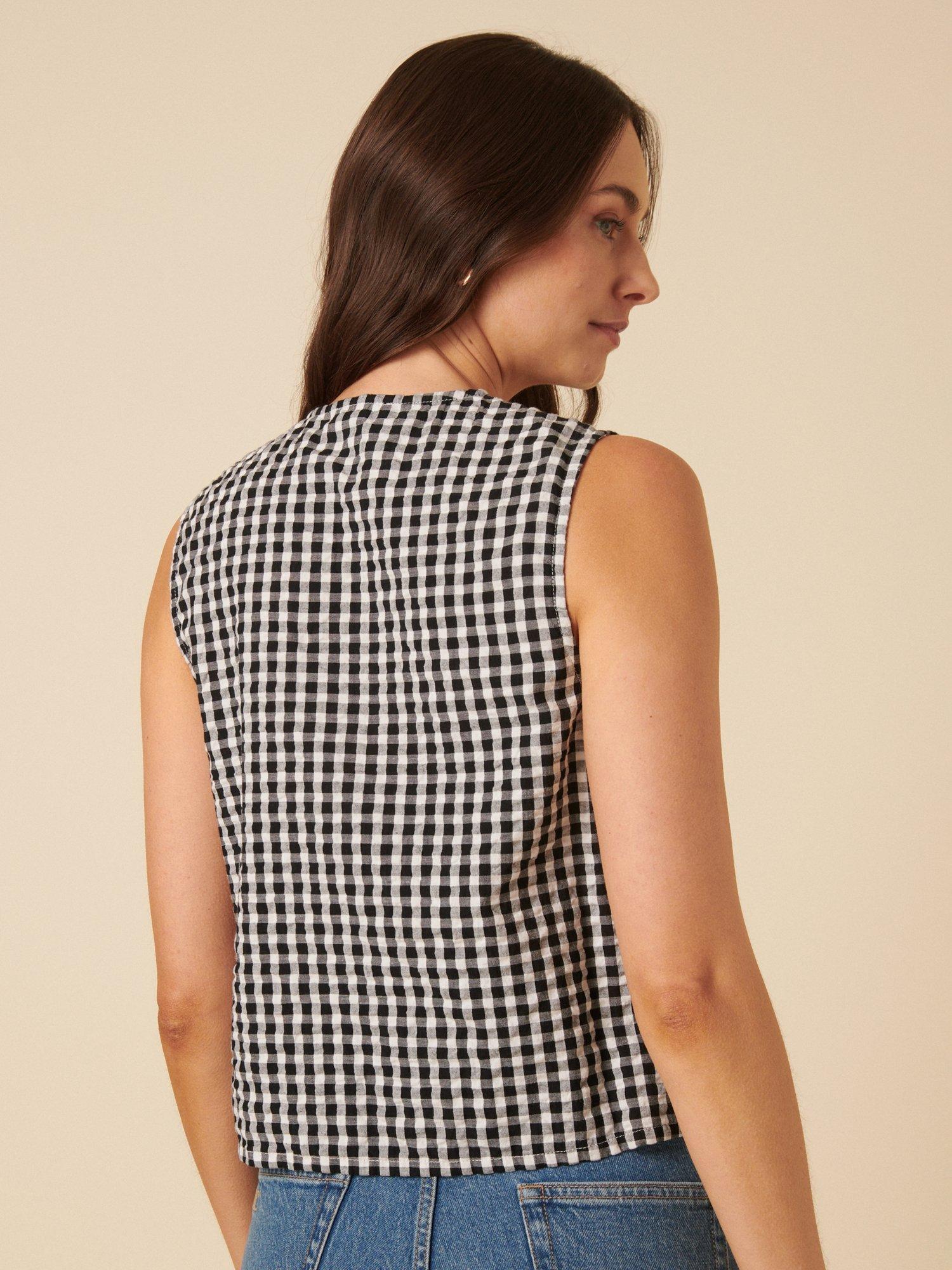 Product image 4 of 4, which shows Nobody's Child Tessa Gingham Pure Organic Cotton Tie Front Top, Black, 14