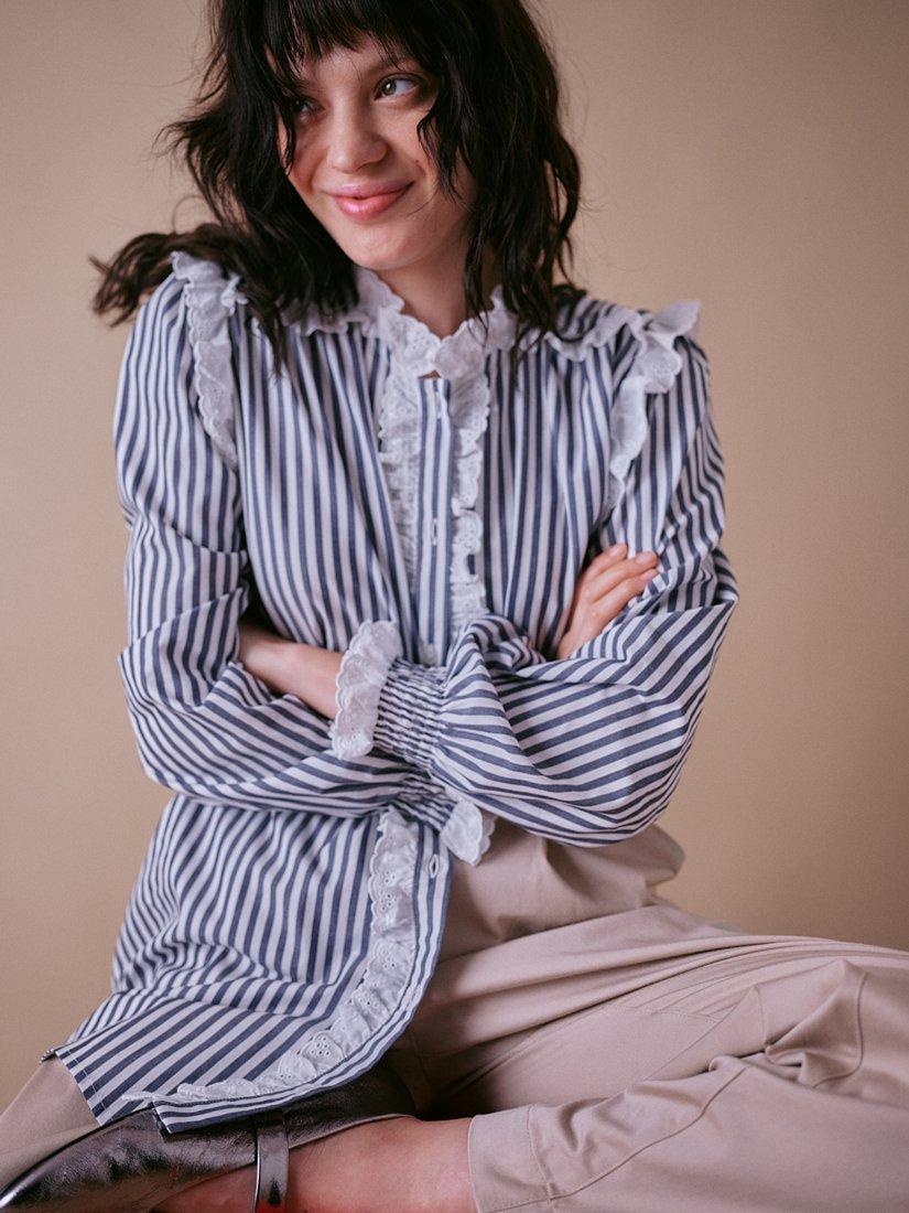 Product image 2 of 5, which shows Cape Cove Lara Stripe Frill Shirt, Blue/White, XS