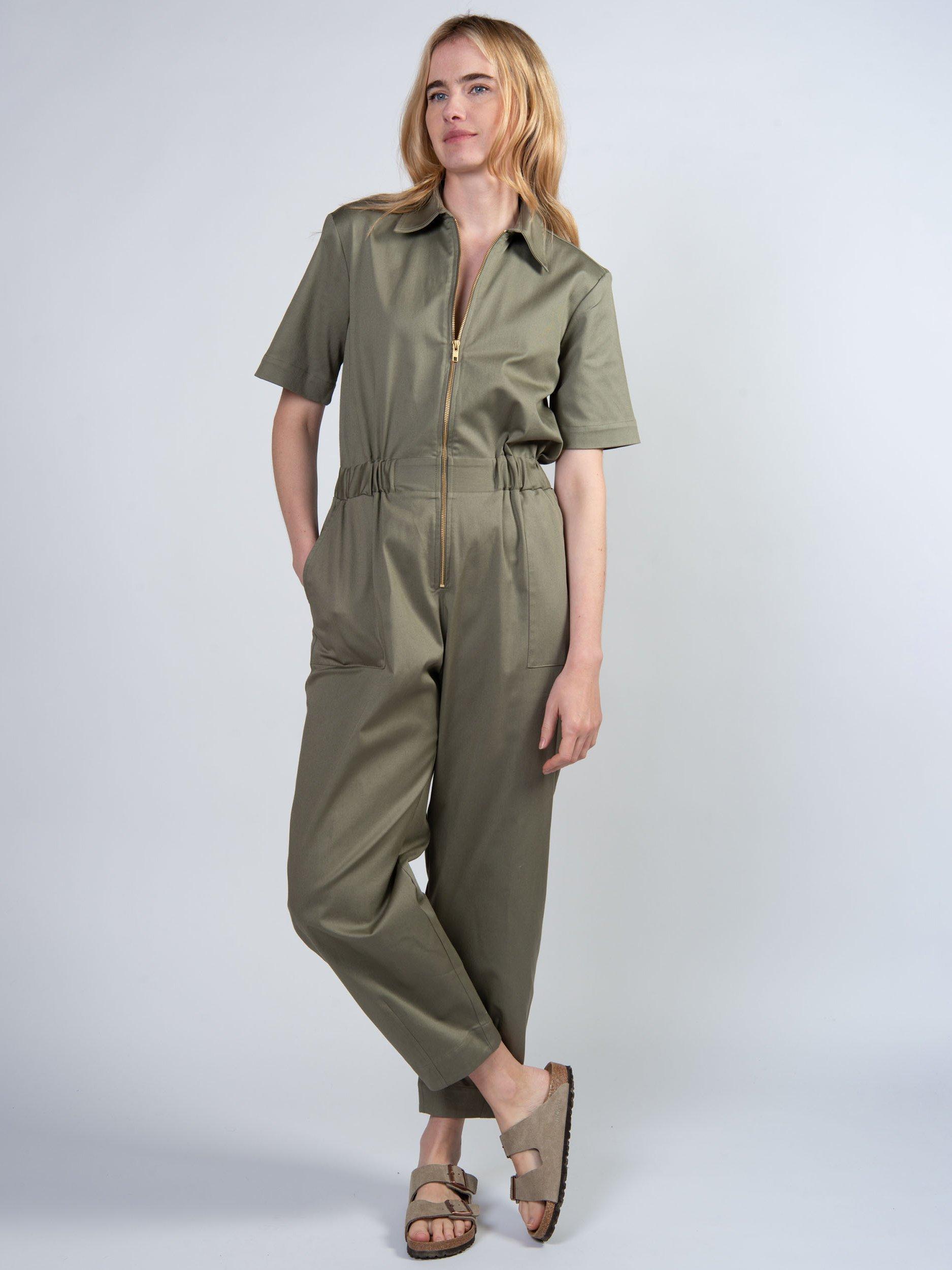 Product image 1 of 6, which shows Cape Cove Zip Barrel Leg Jumpsuit, Green, XS
