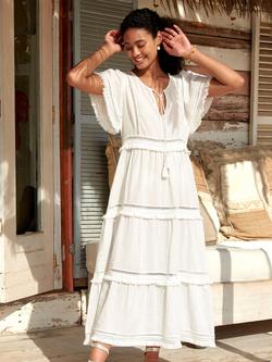 Aspiga Malaya Gauze Pom Pom Trim Kaftan, White, White