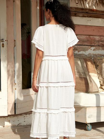 Aspiga Malaya Gauze Pom Pom Trim Kaftan, White - view 2, White