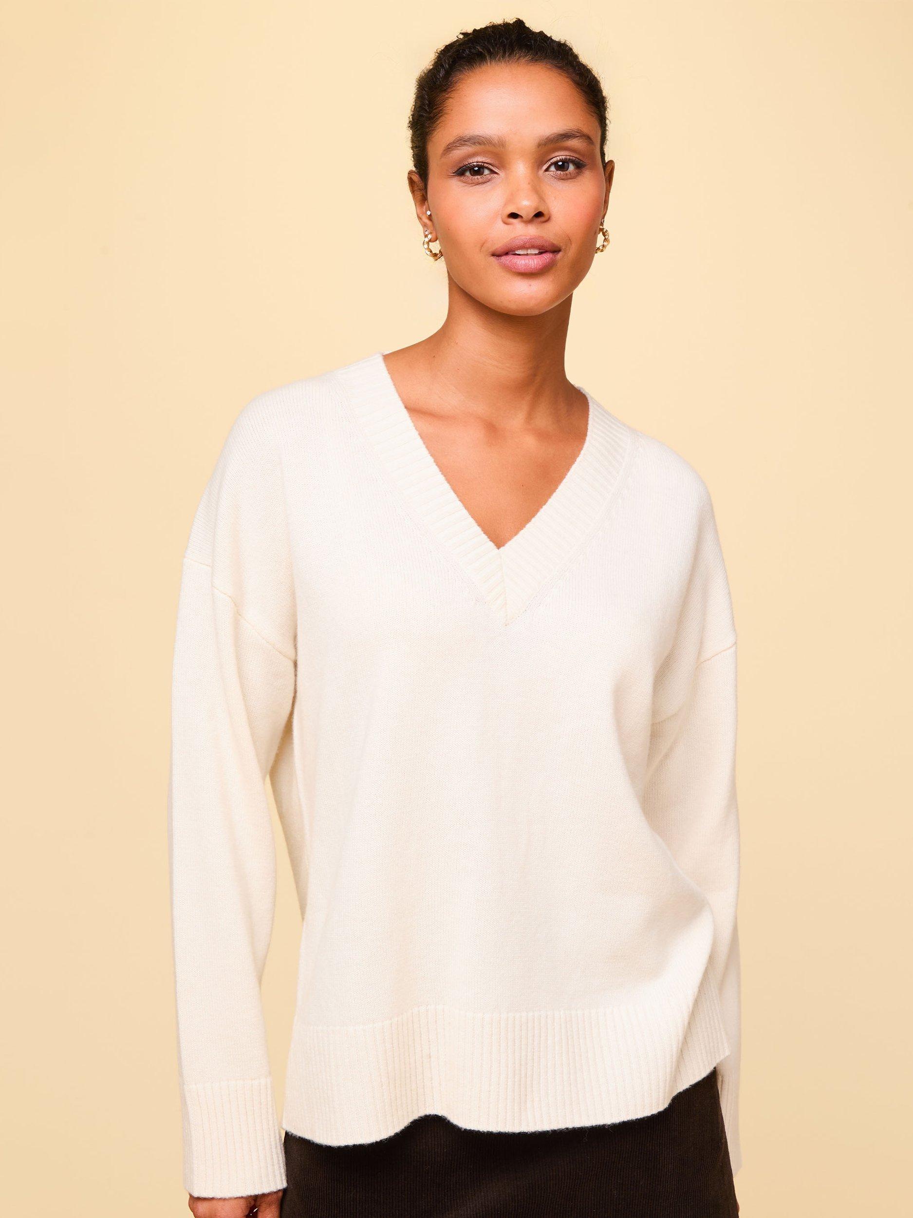 Product image 1 of 3, which shows Aspiga V-Neck Relaxed Fit Pure Wool Jumper, Cream, XS