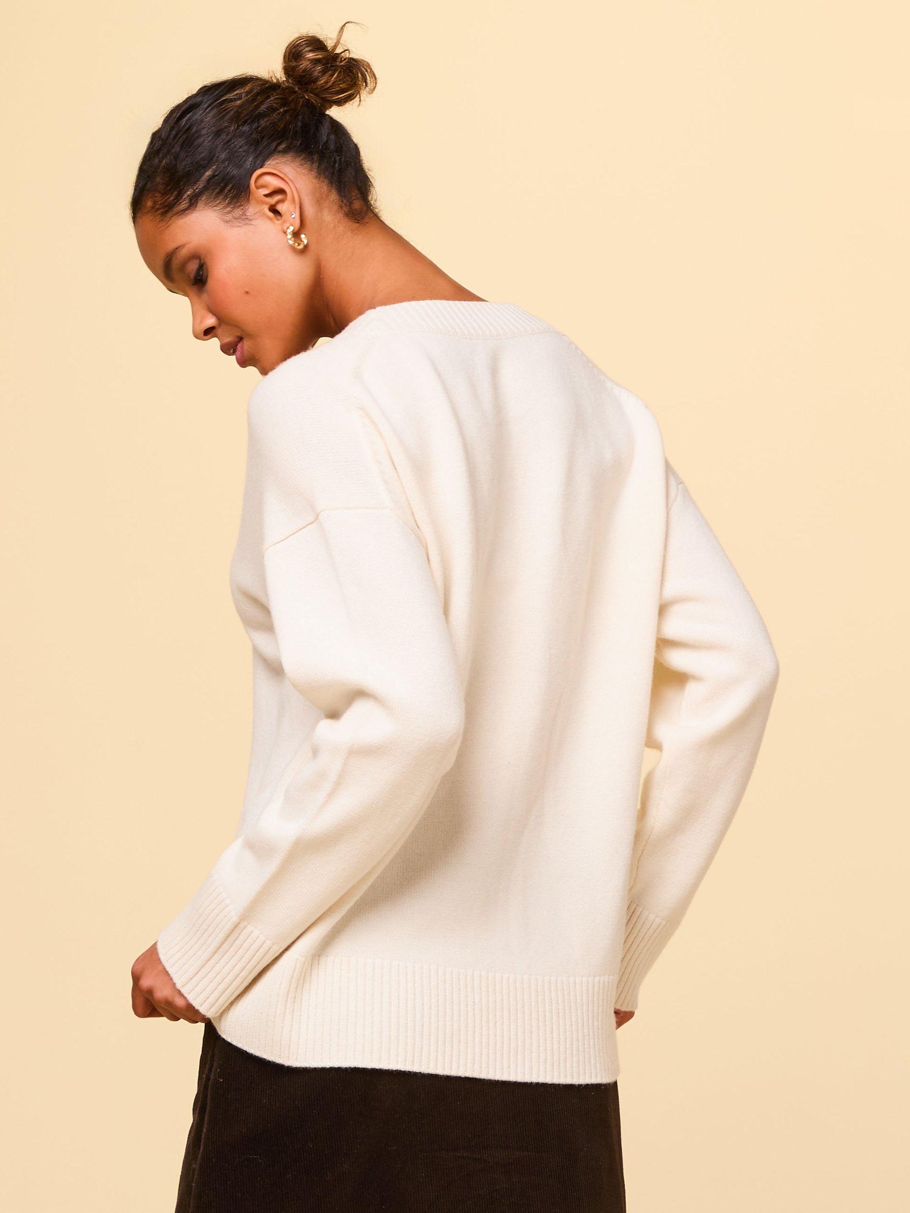 Product image 2 of 3, which shows Aspiga V-Neck Relaxed Fit Pure Wool Jumper, Cream, XS