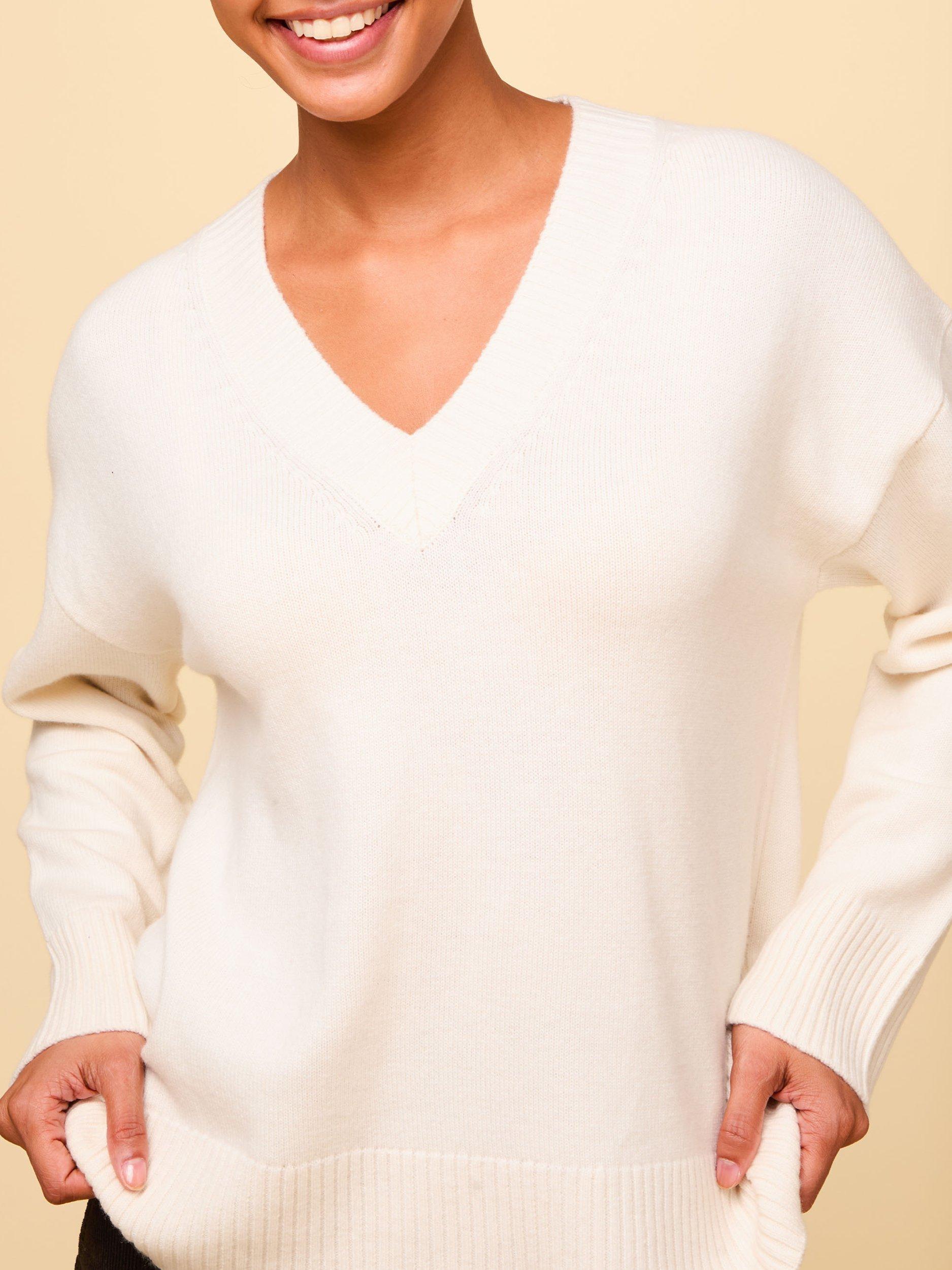 Product image 3 of 3, which shows Aspiga V-Neck Relaxed Fit Pure Wool Jumper, Cream, XS