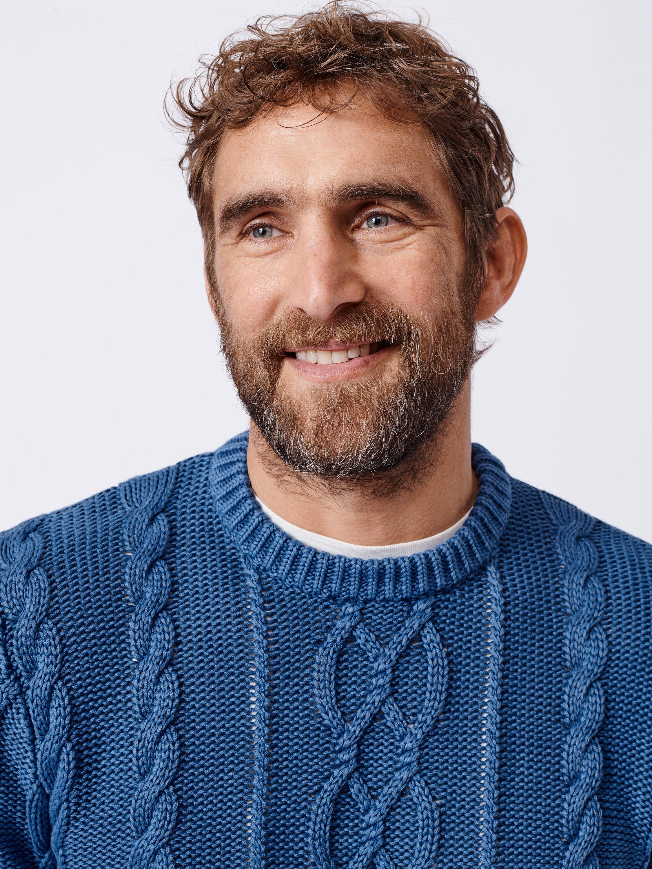 Product image 4 of 7, which shows Aubin Lenton Organic Cotton Cable Knit Crew Jumper, Pale Blue, M