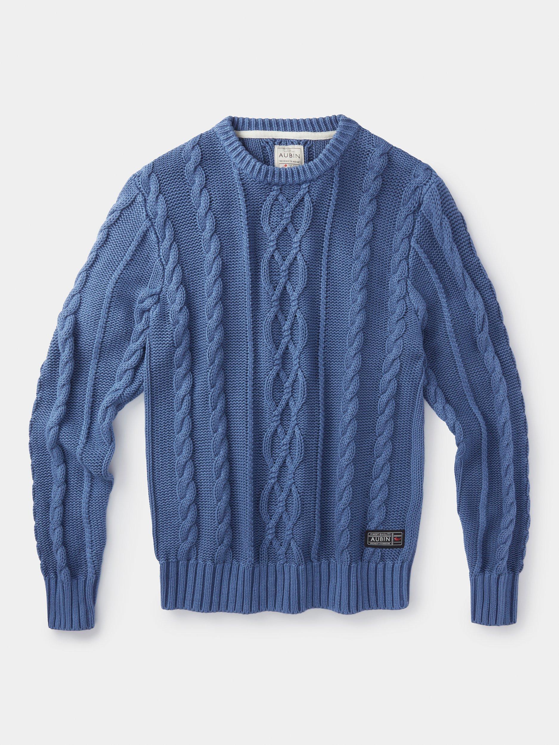 Product image 7 of 7, which shows Aubin Lenton Organic Cotton Cable Knit Crew Jumper, Pale Blue, M