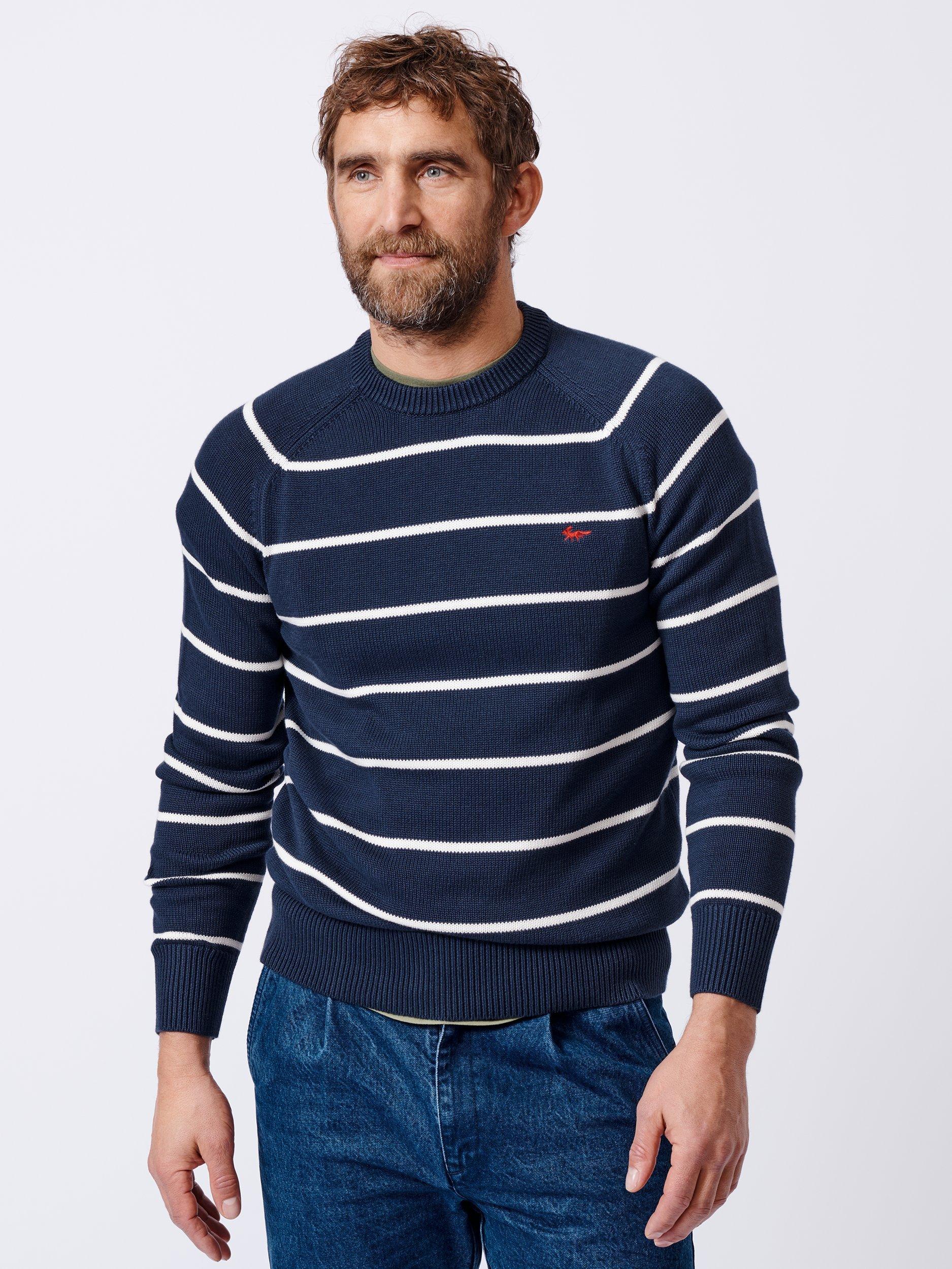 Product image 1 of 5, which shows Aubin Leverton Organic Cotton Stripe Crew Jumper, Navy/Multi, M