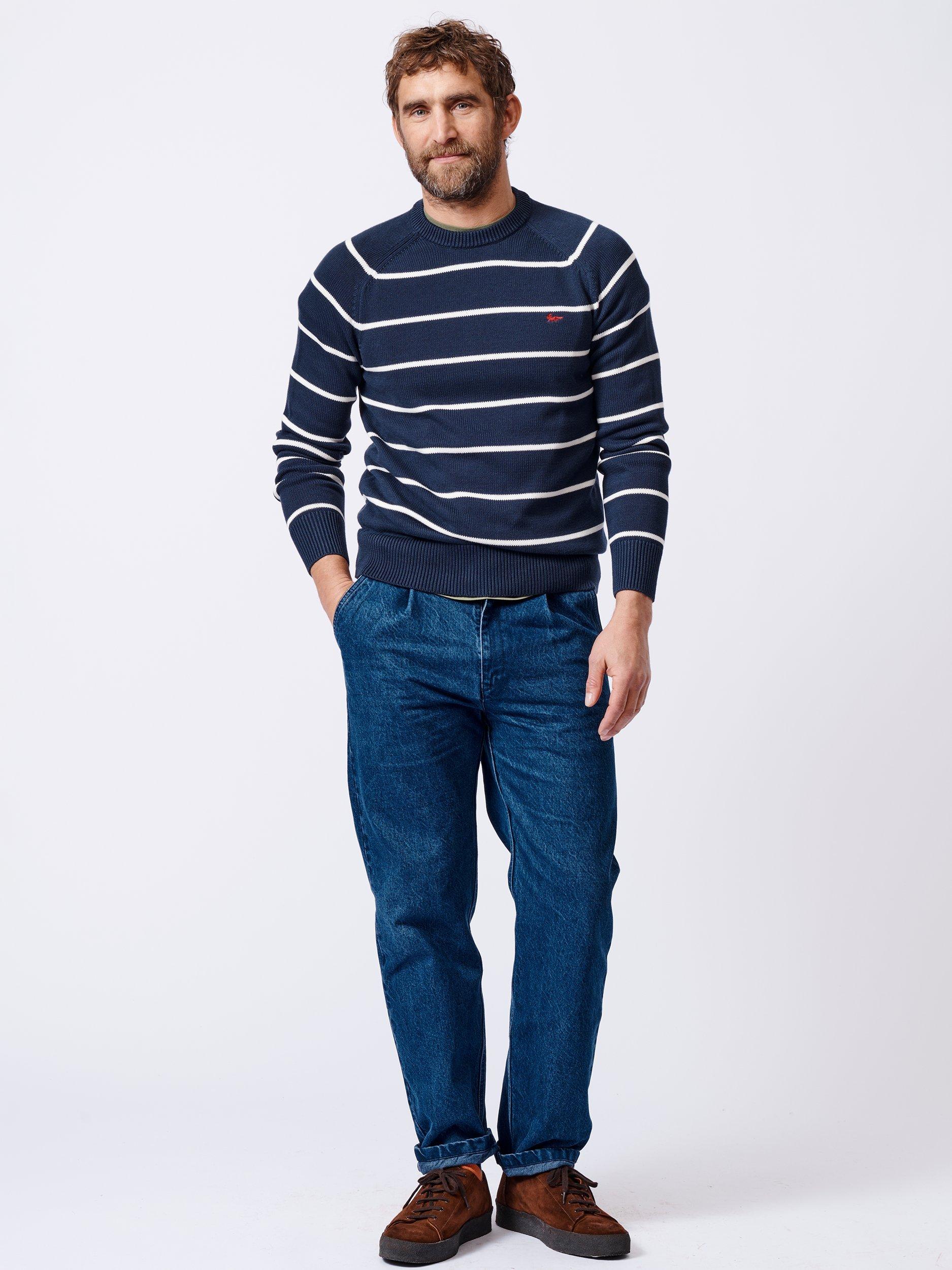 Product image 2 of 5, which shows Aubin Leverton Organic Cotton Stripe Crew Jumper, Navy/Multi, M