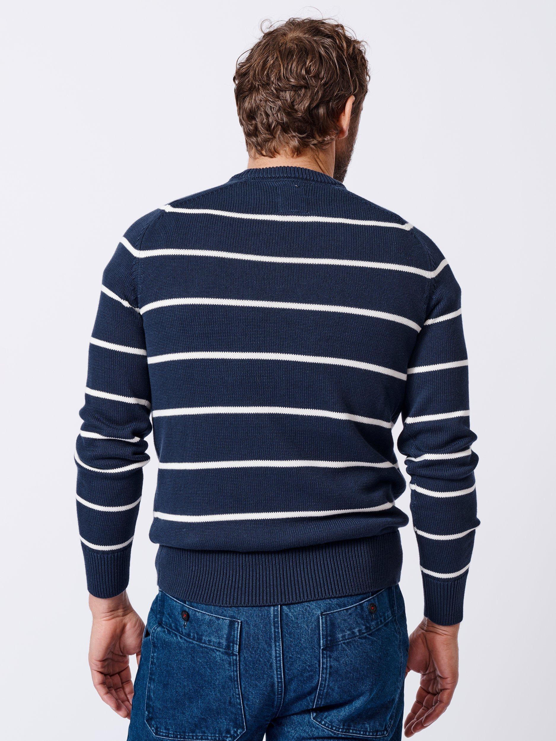 Product image 3 of 5, which shows Aubin Leverton Organic Cotton Stripe Crew Jumper, Navy/Multi, M