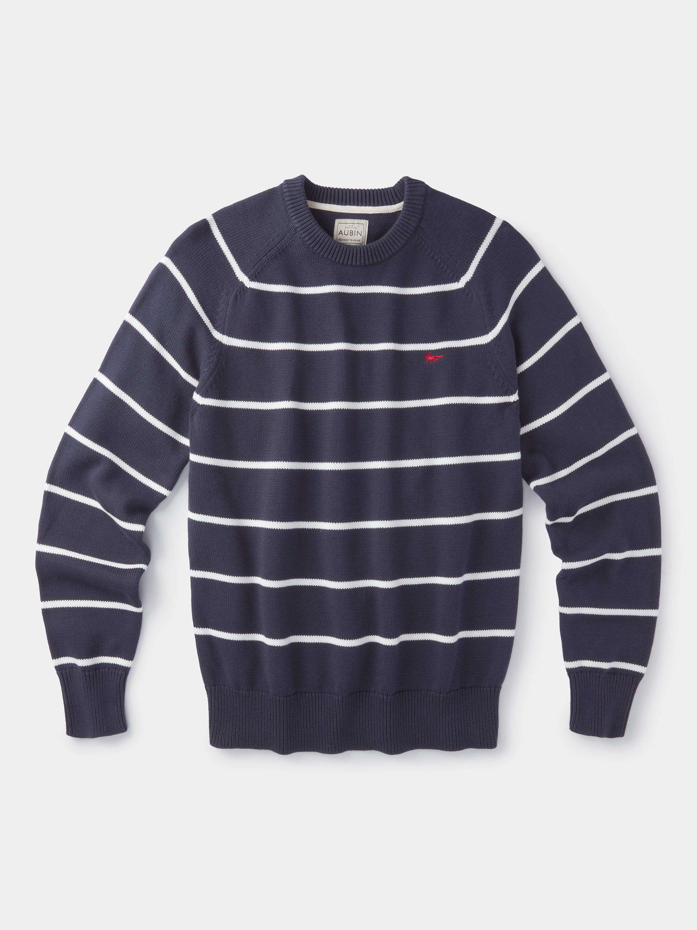 Product image 5 of 5, which shows Aubin Leverton Organic Cotton Stripe Crew Jumper, Navy/Multi, M