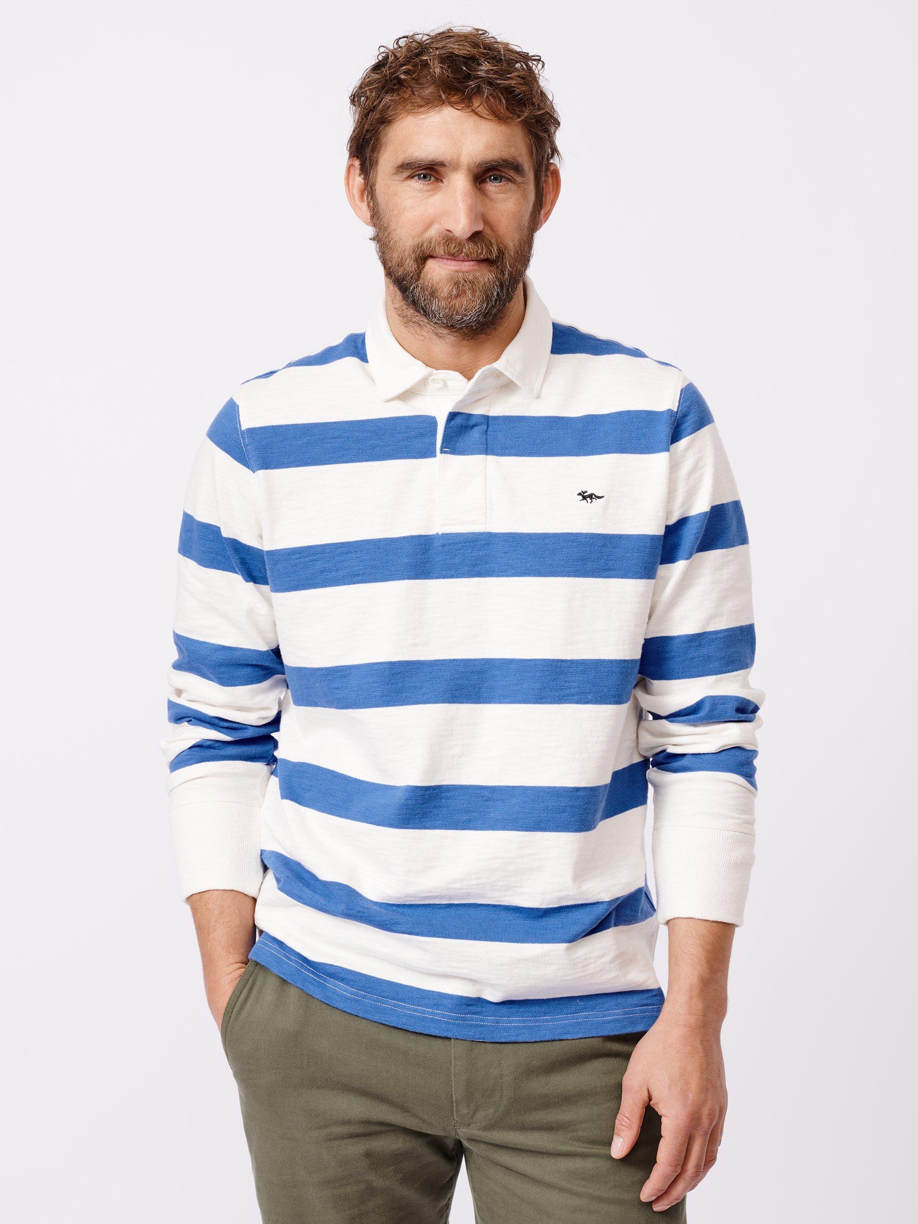 Product image 1 of 6, which shows Aubin Irnham Cotton Regular Fit Long Sleeve Rugby Shirt, Blue/Cream, L