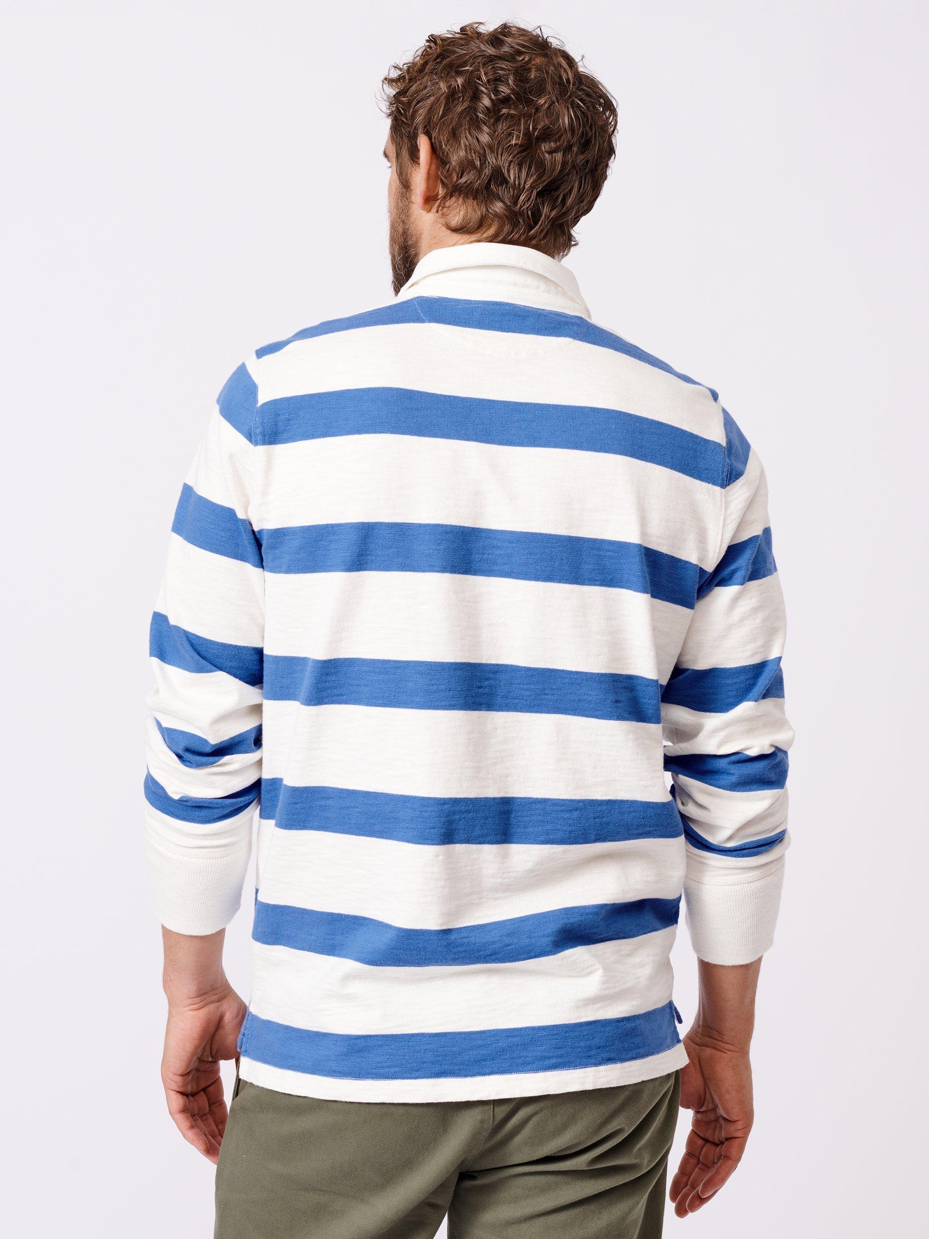 Product image 2 of 6, which shows Aubin Irnham Cotton Regular Fit Long Sleeve Rugby Shirt, Blue/Cream, L