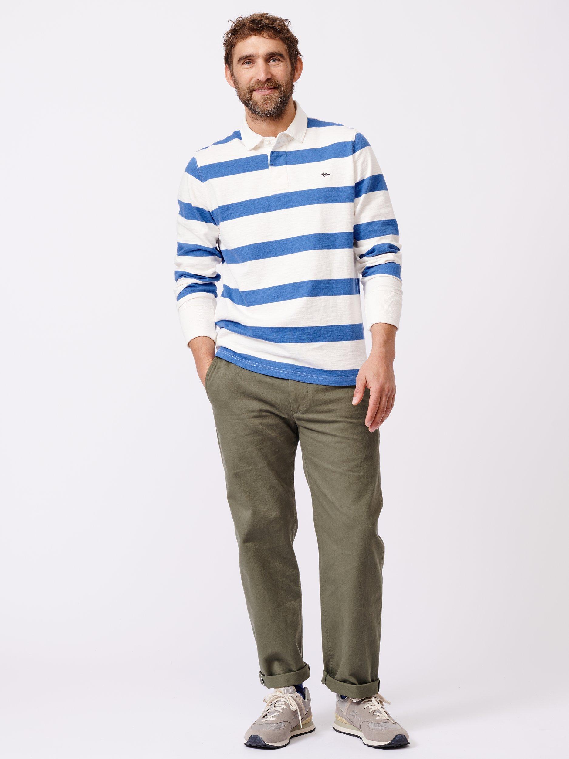 Product image 3 of 6, which shows Aubin Irnham Cotton Regular Fit Long Sleeve Rugby Shirt, Blue/Cream, L
