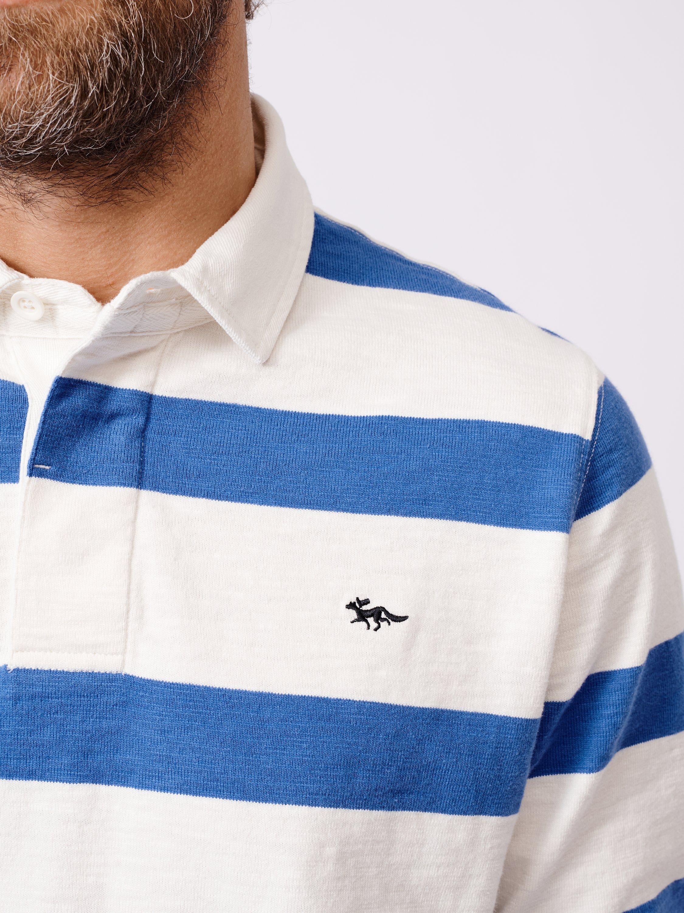 Product image 4 of 6, which shows Aubin Irnham Cotton Regular Fit Long Sleeve Rugby Shirt, Blue/Cream, L
