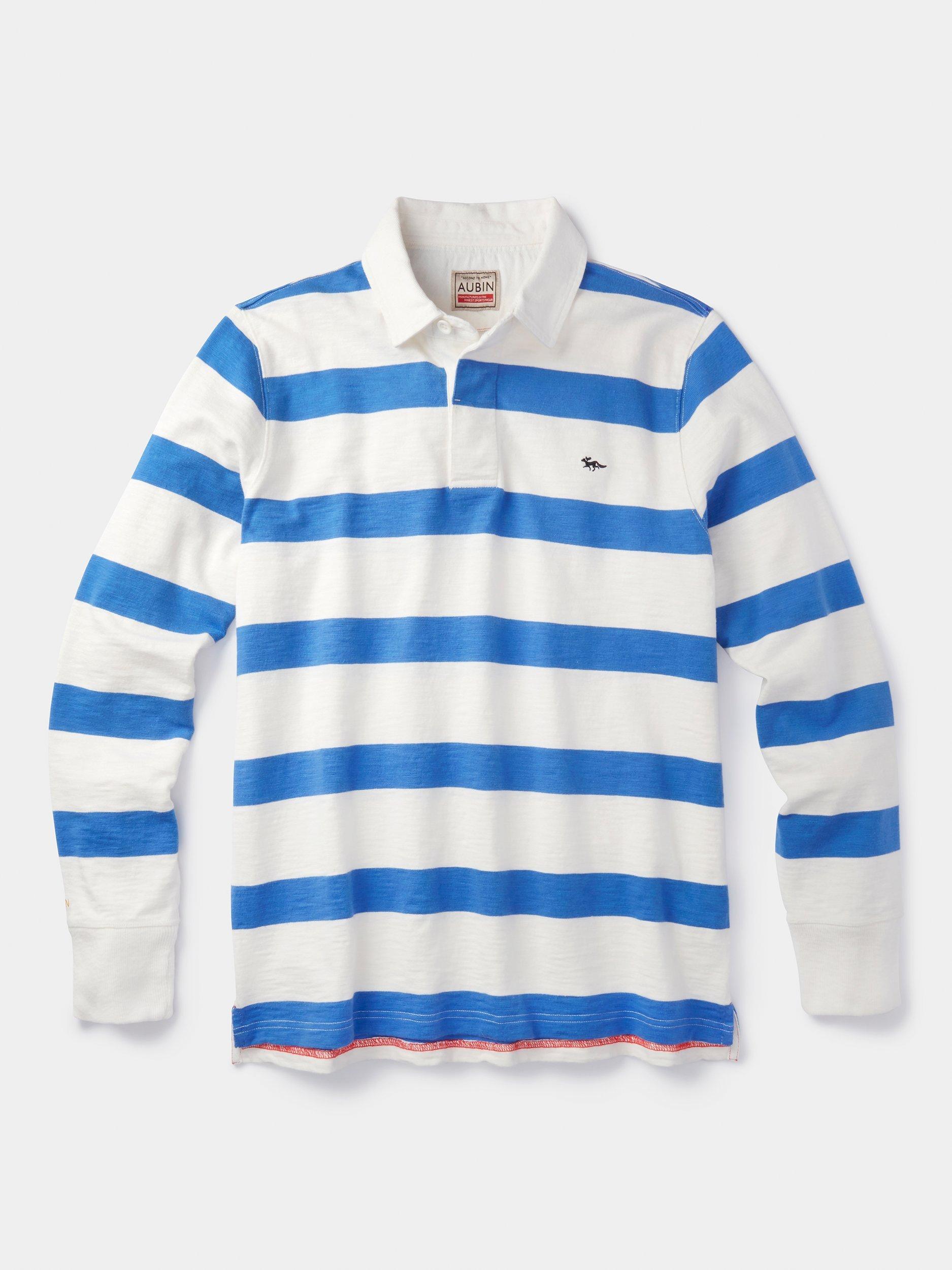 Product image 6 of 6, which shows Aubin Irnham Cotton Regular Fit Long Sleeve Rugby Shirt, Blue/Cream, L