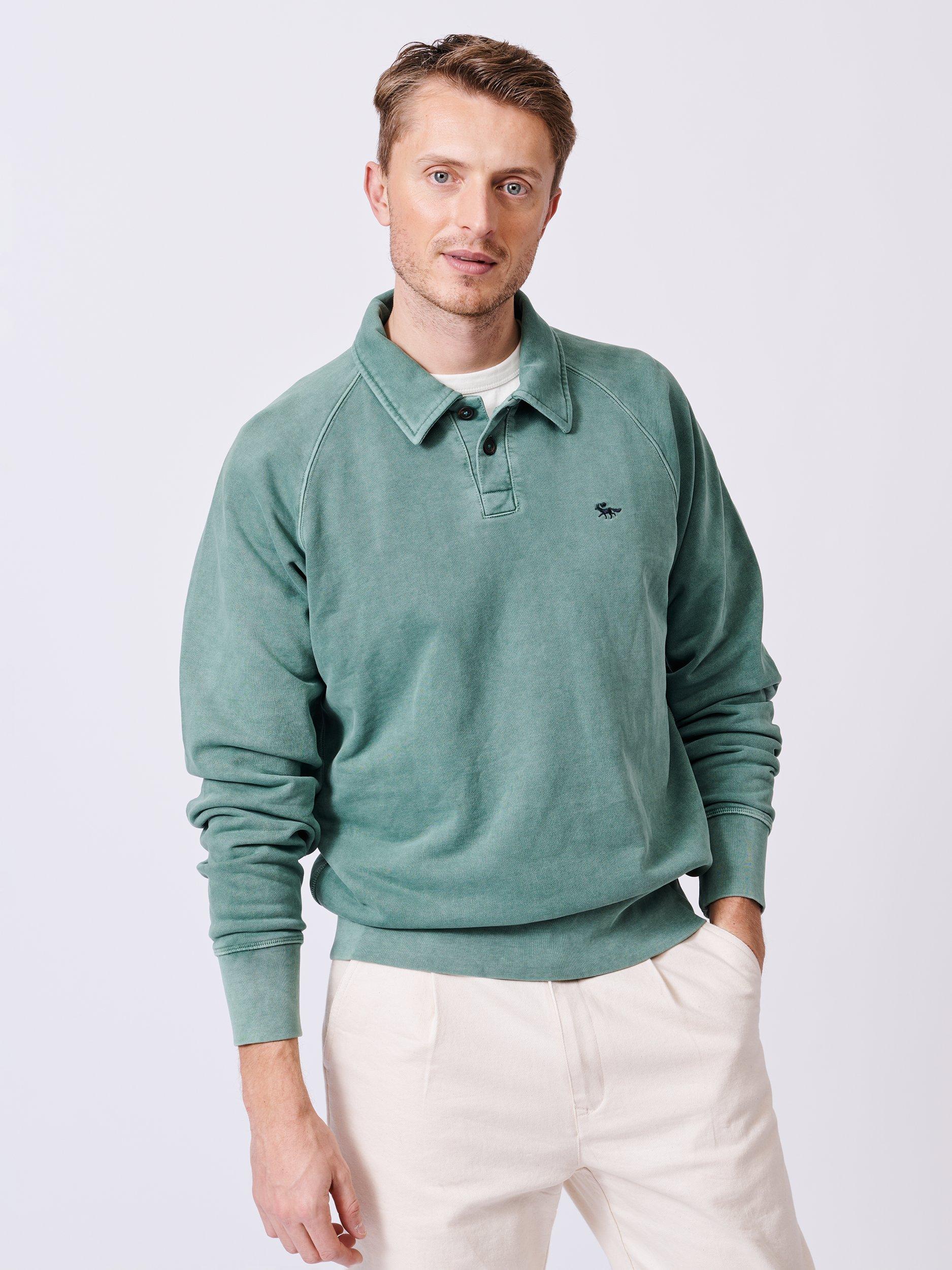 Product image 1 of 5, which shows Aubin Raithby Cotton Button-Neck Sweatshirt, Green, S