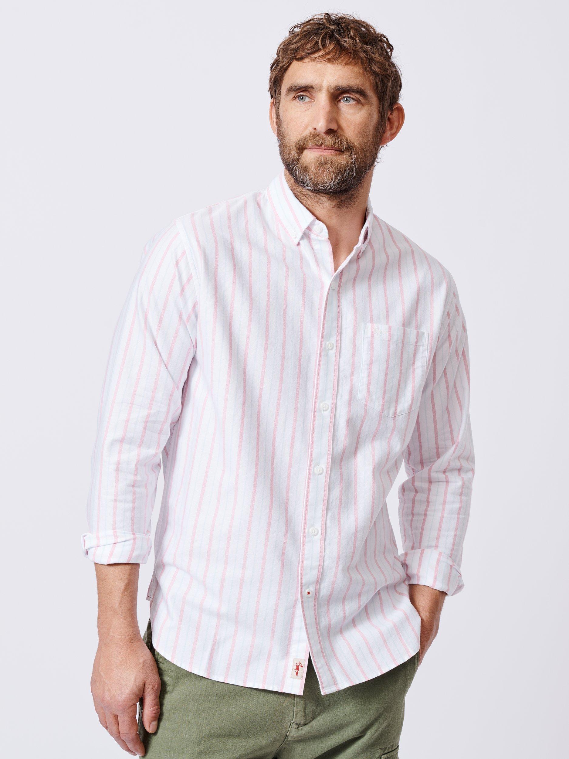 Product image 1 of 11, which shows Aubin Aldridge Oxford Cotton Button Down Shirt, Pink/Wide Stripe, S
