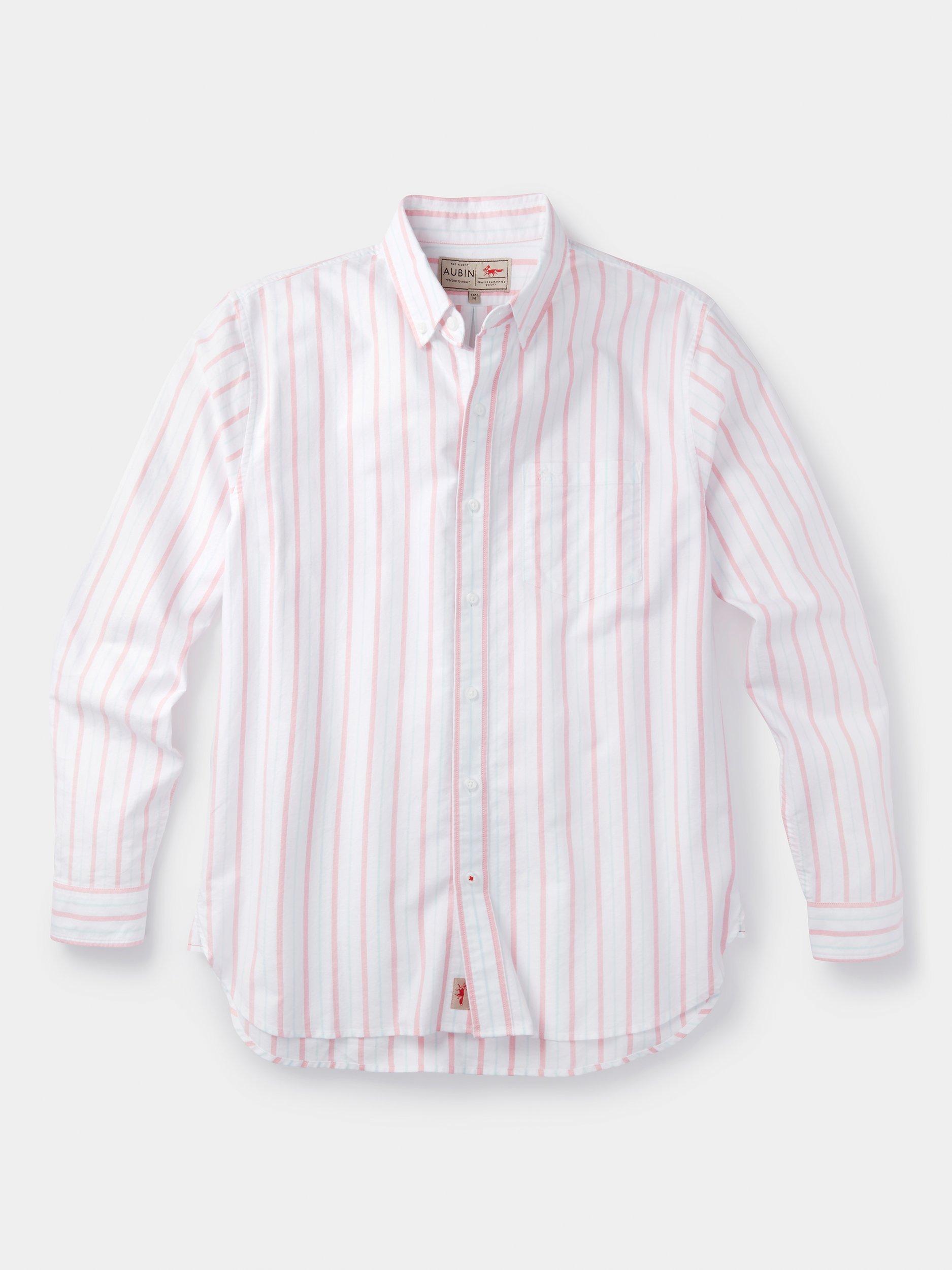 Product image 6 of 11, which shows Aubin Aldridge Oxford Cotton Button Down Shirt, Pink/Wide Stripe, S