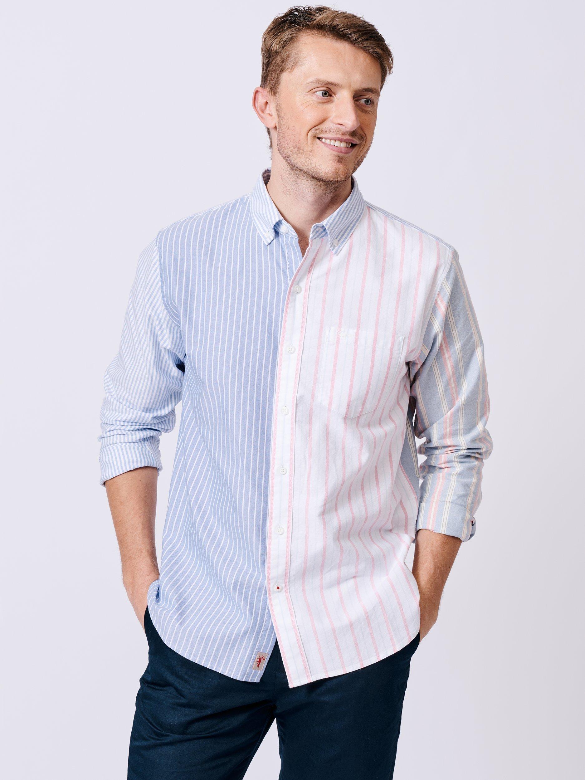 Product image 1 of 8, which shows Aubin Burwell Cotton Regular Fit Stripe Patchwork Shirt, Striped Patchwork, XL