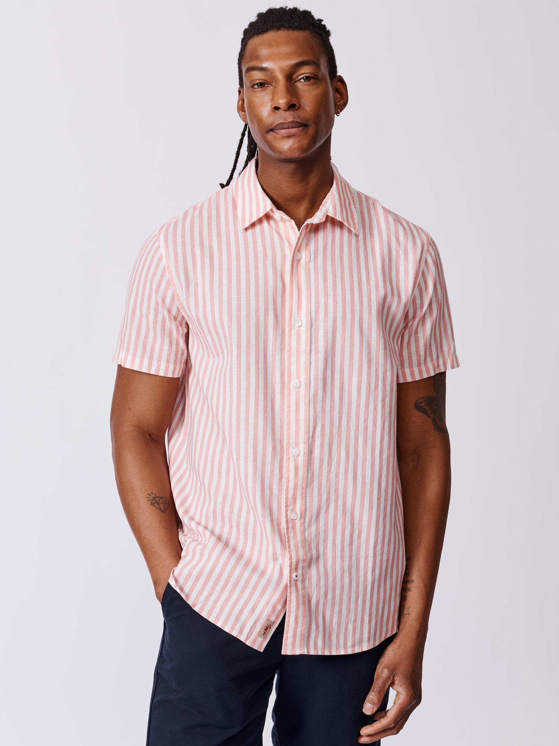 Product image 1 of 5, which shows Aubin Fulstow Linen Blend Regular Fit Stripe Shirt, Pink/White, S