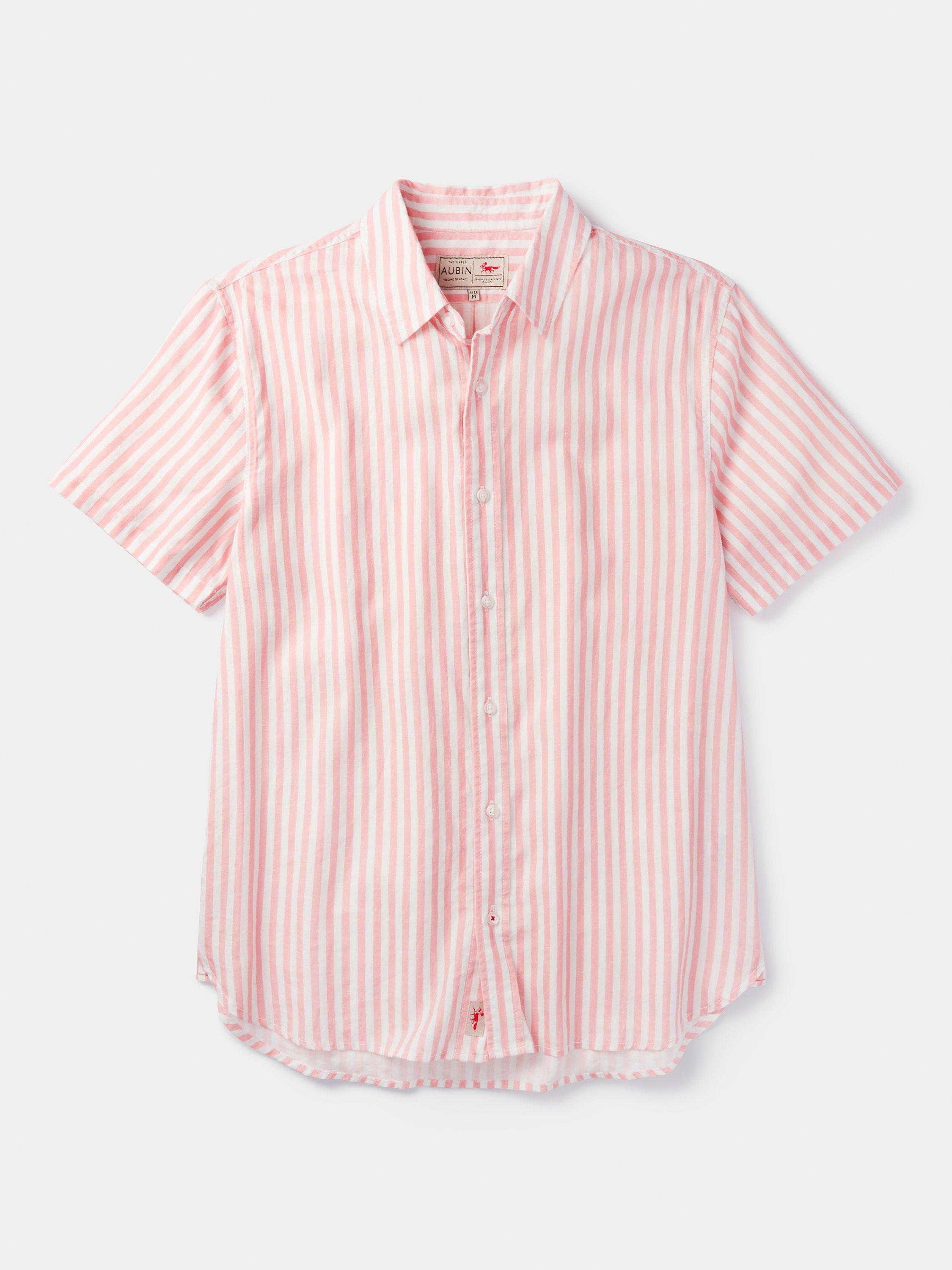 Product image 5 of 5, which shows Aubin Fulstow Linen Blend Regular Fit Stripe Shirt, Pink/White, S