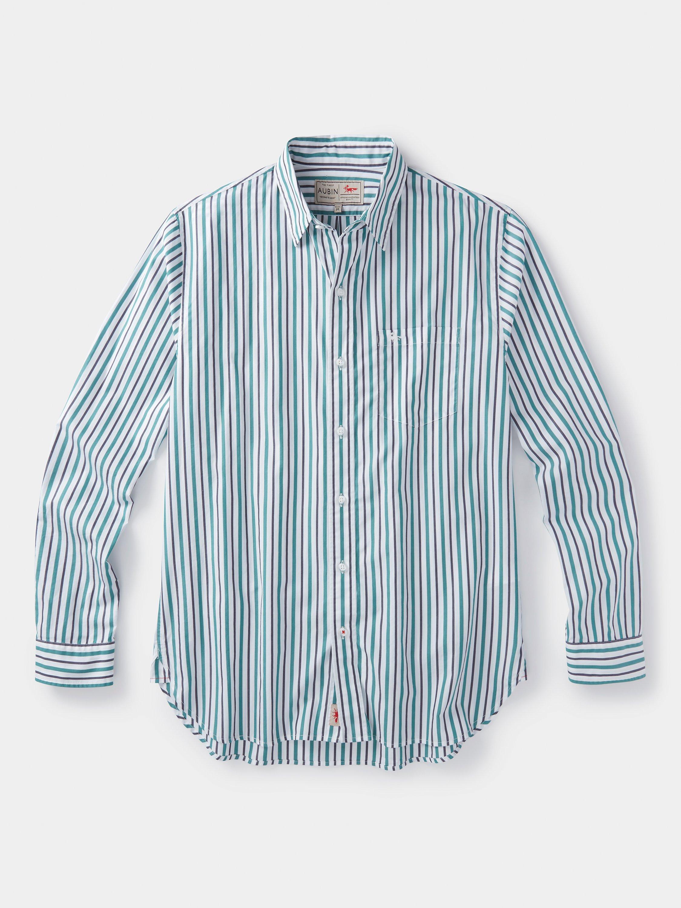 Product image 7 of 7, which shows Aubin Gladstone Cotton Poplin Shirt, White/Jade Stripe, S