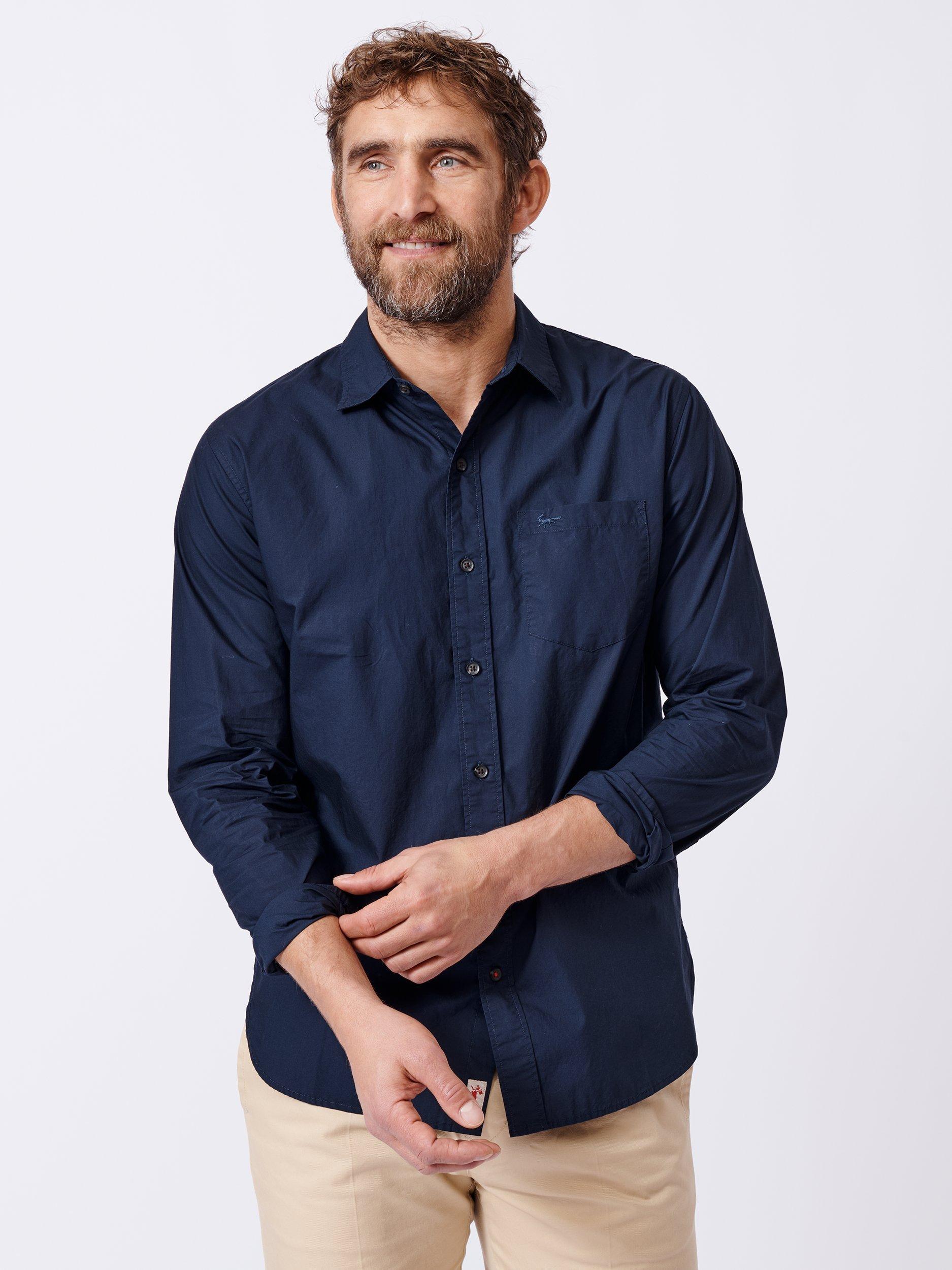 Product image 1 of 5, which shows Aubin Gladstone Cotton Poplin Shirt, Navy, M