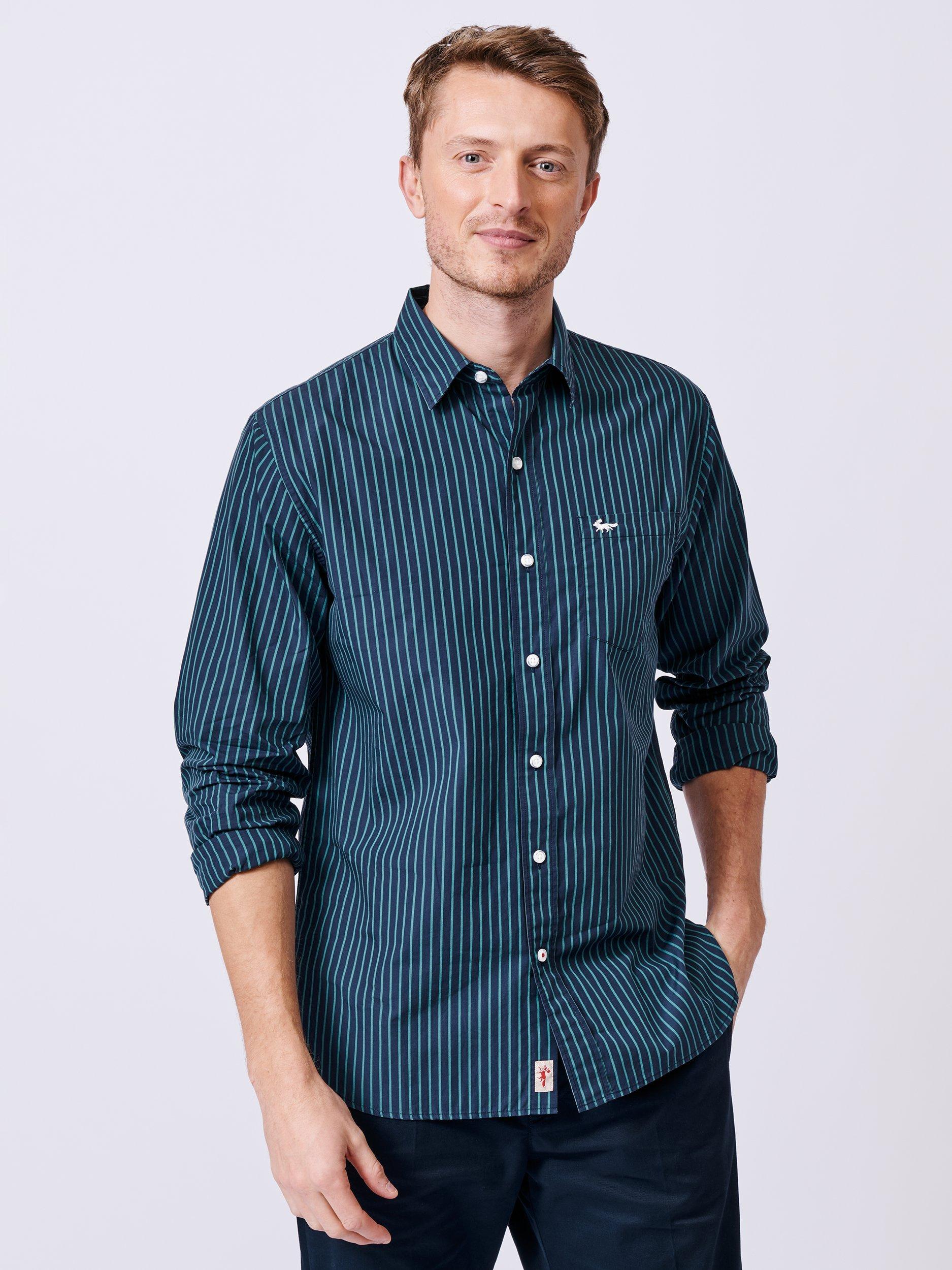 Product image 1 of 5, which shows Aubin Gladstone Cotton Poplin Shirt, Navy/Jade Stripe, L