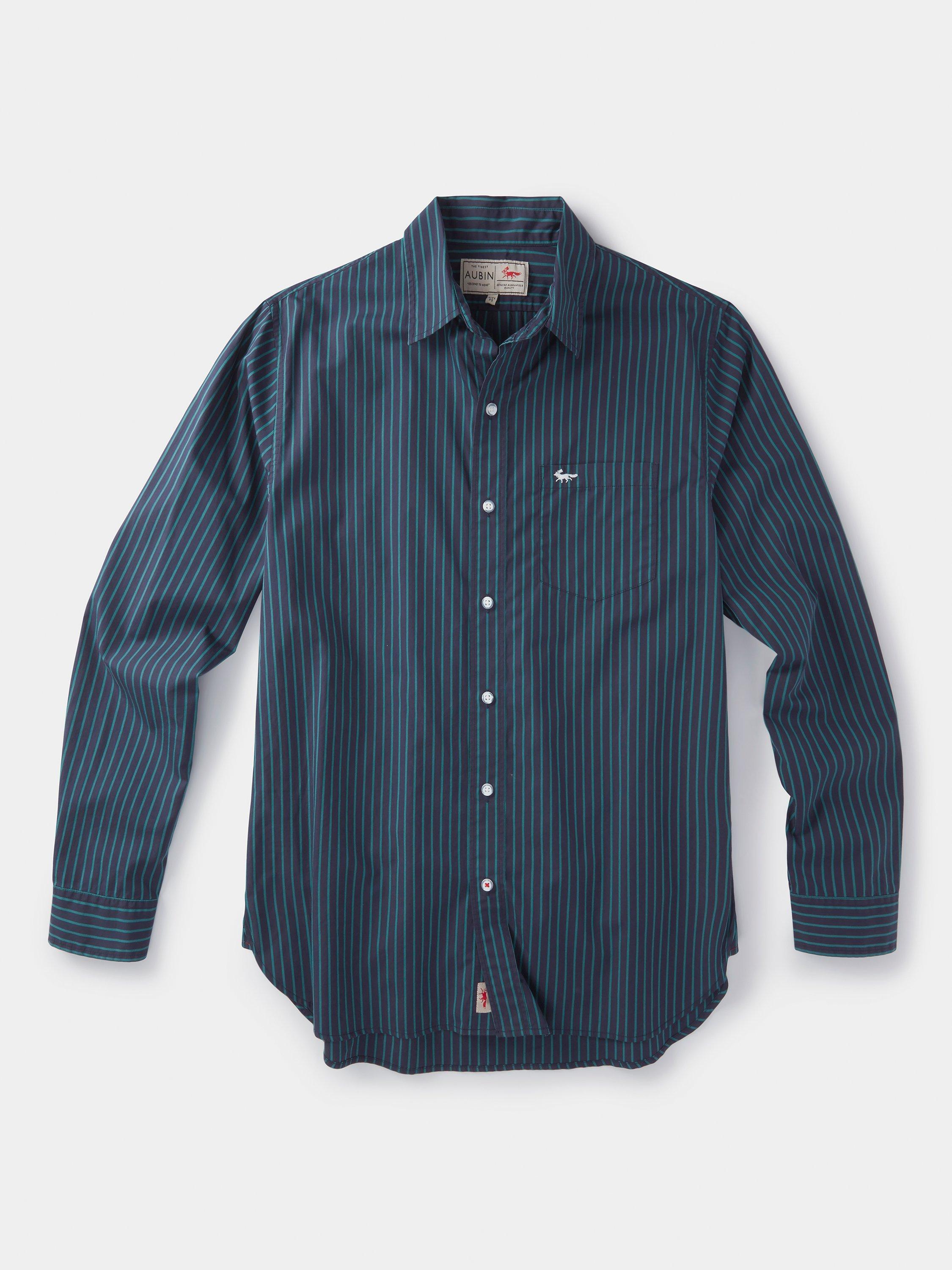 Product image 5 of 5, which shows Aubin Gladstone Cotton Poplin Shirt, Navy/Jade Stripe, L