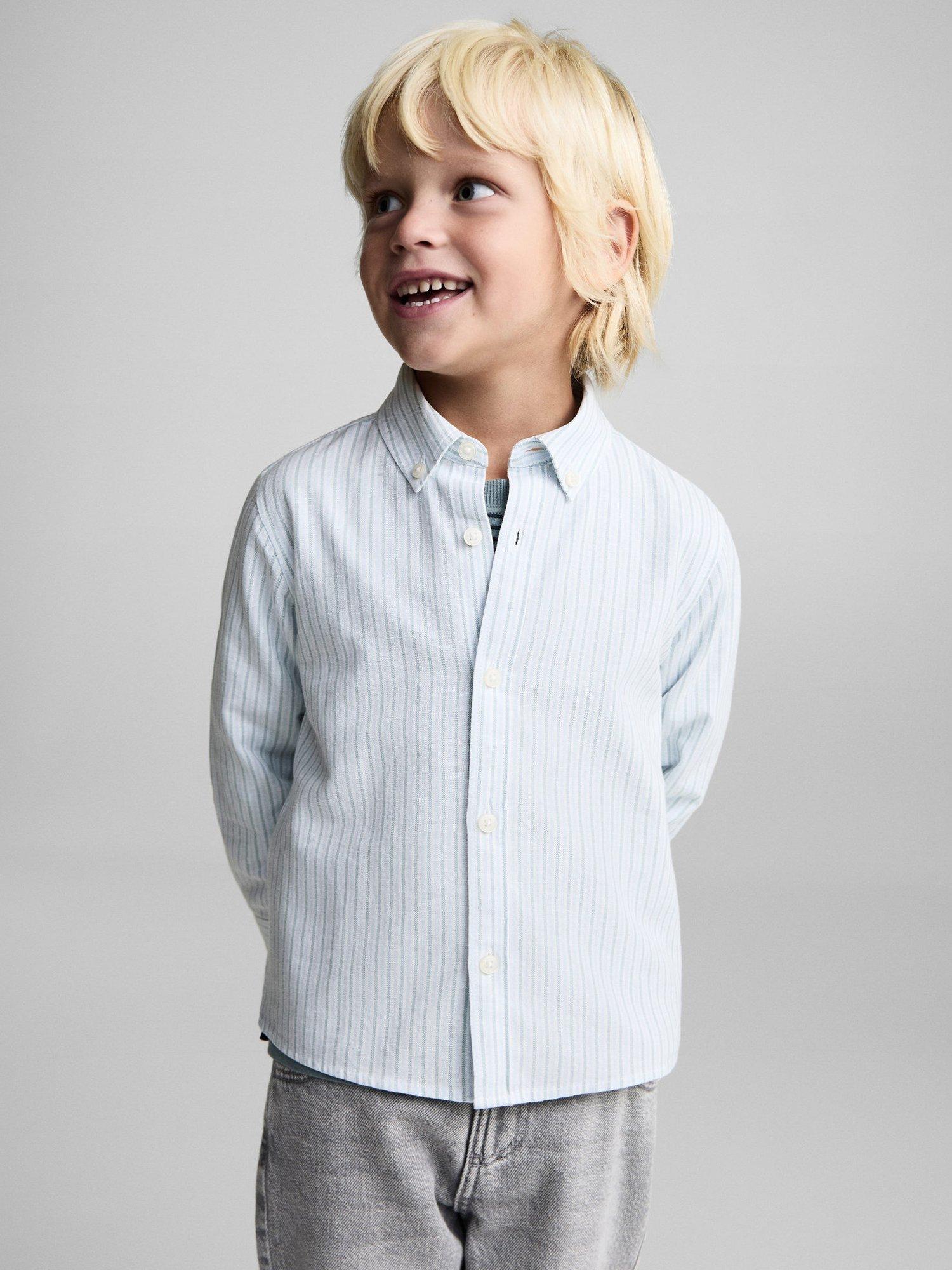 Product image 1 of 7, which shows Mango Kids' Stripe Oxford Shirt, Aqua, 5-6 years