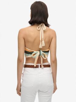 Superdry Stripe Cropped Halterneck Crochet Top, Satsuma/Multi - view 2, Satsuma/Multi