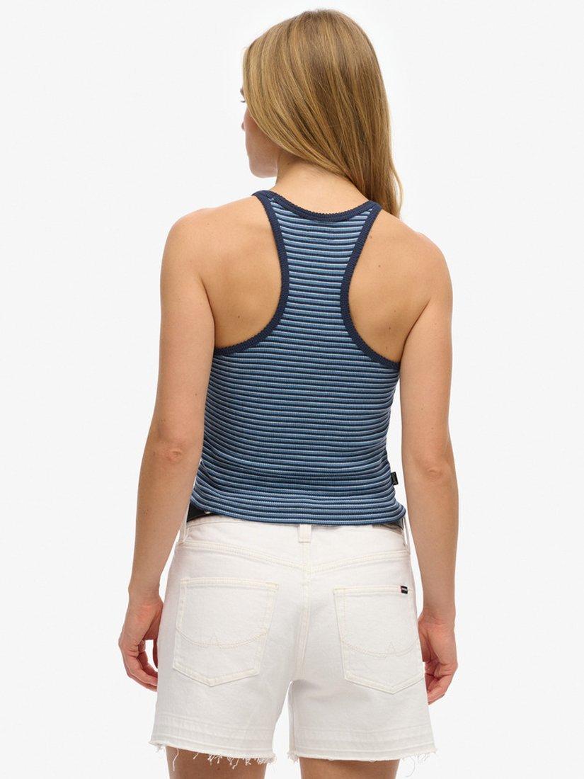 Product image 2 of 5, which shows Superdry Essential Logo Stripe Racerback Pure Organic Cotton Vest Top, Richest Navy Feeder, 8