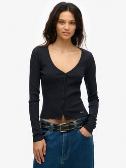 Superdry Essential Button Through Long Sleeve Top, Eclipse Navy