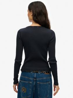 Superdry Essential Button Through Long Sleeve Top - view 2, Eclipse Navy